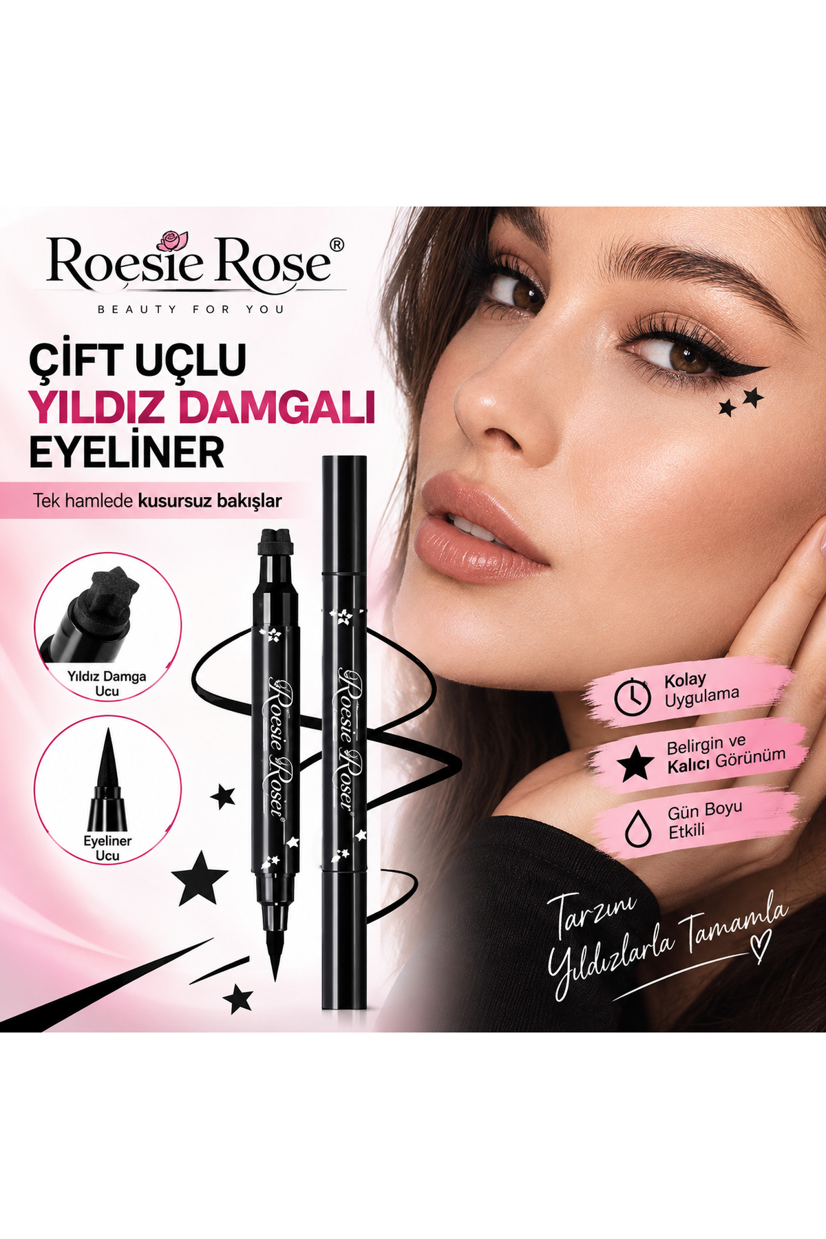 Çift Uçlu Yıldız Damgalı Eyeliner Siyah İnce Uçlu Stamp Makyaj Kalemi — مشکی 365279