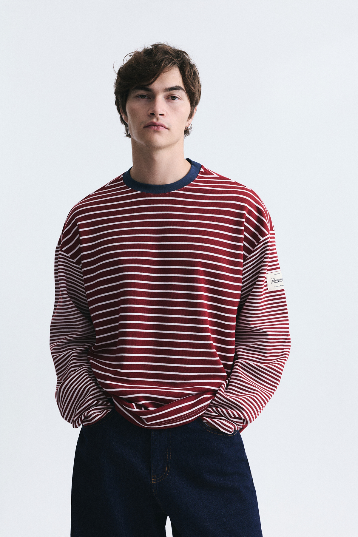 Kontrast Yaka Çizgili Sweatshirt — سفید V70-265 — تصویر 4 از 5