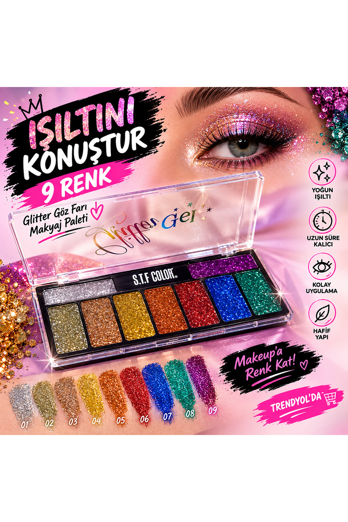 9 Renk Glitter Gel Göz Farı & Makyaj Paleti — ZRD113499