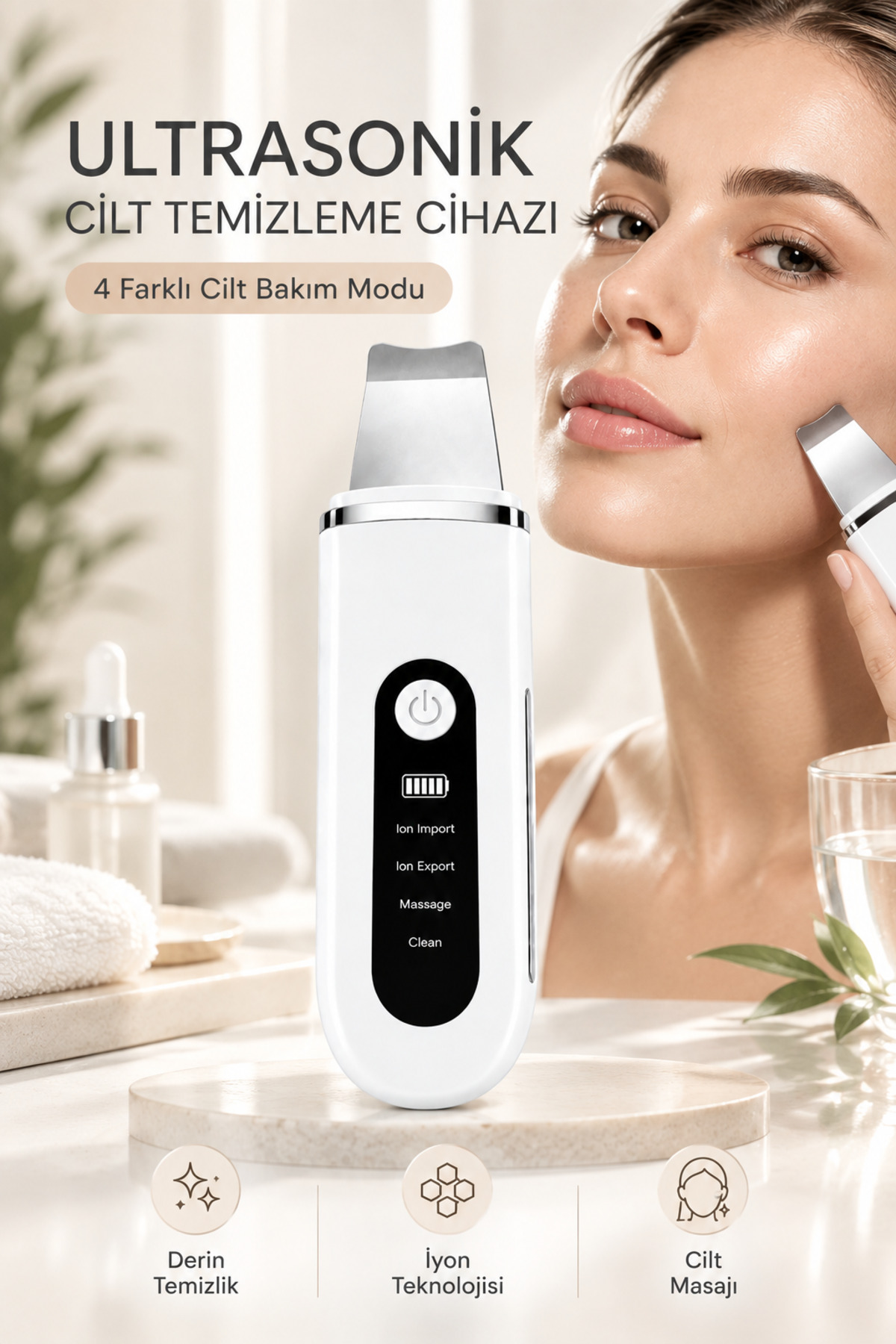 Auhma AHB-13 Ultrasonik Cilt Temizleme ve Yüz Bakım Cihazı – 4 Modlu İyon Teknolojili Cilt Spatulası, Siyah Nokta ve Gözenek Temizleyici, Masaj Modu, Yüz Masaj Aleti Spatula Yüz Temizleme — سفید ROBEVEAHB13