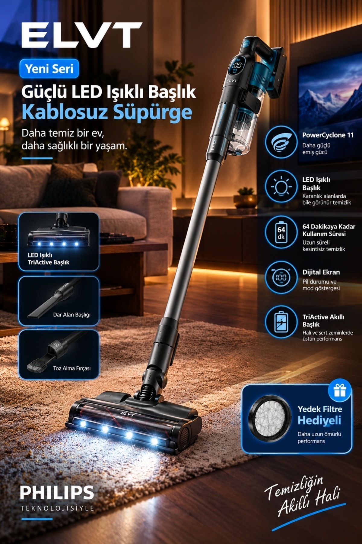 Philips ELVT En Yeni Güçlü LED Işıklı Başlık 6000 Serisi Kablosuz Süpürge, PowerCyclone 11,TriActive Akıllı Başlık, Dijital Ekran, 64dk'ya Kadar Kullanım, Yedek Filtre Hediyeli Yeni Seri