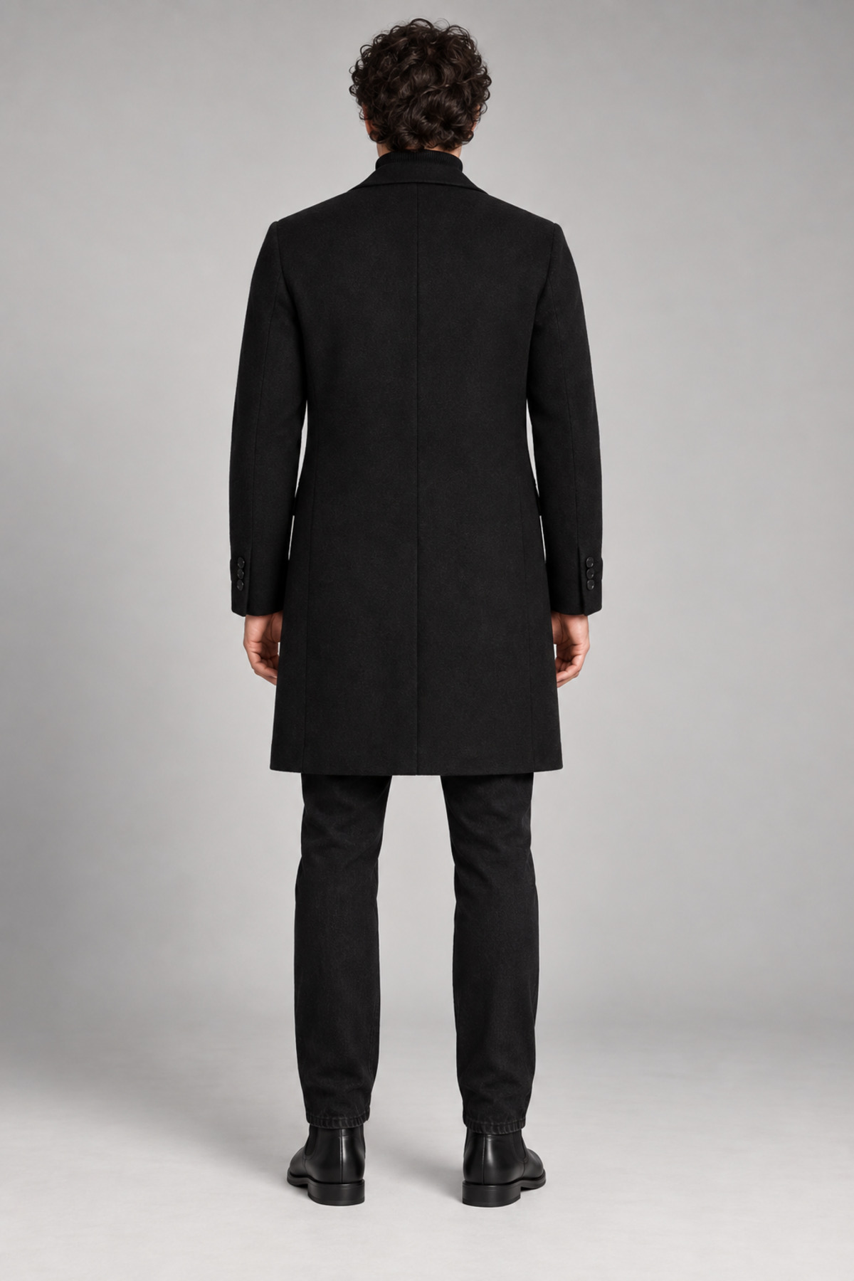 Erkek Siyah, Slim Fit Kaşe Kaban – Klasik Yaka 3 Düğmeli Uzun Kesim Kışlık Palto — مشکی RAE-513 — تصویر 4 از 4