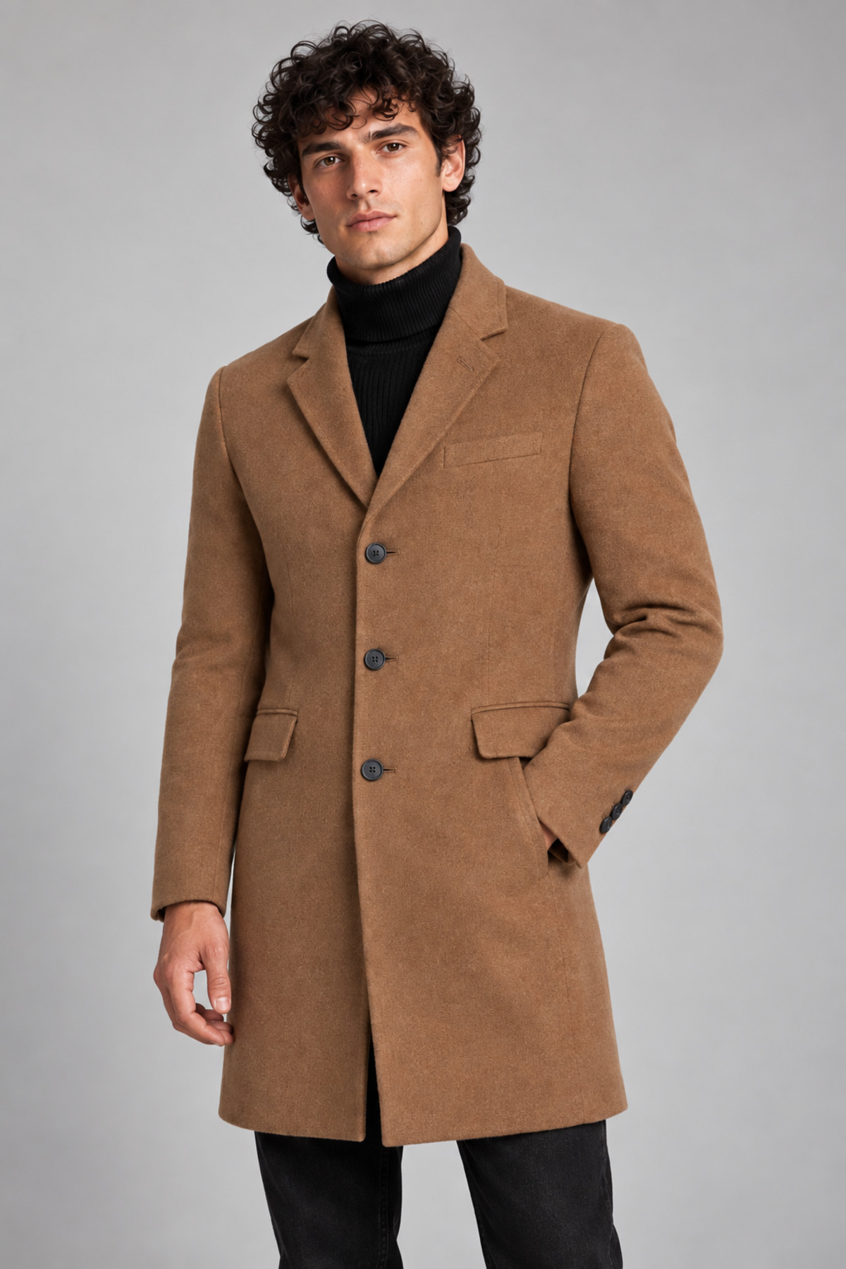 Erkek Vizon, Slim Fit Kaşe Kaban – Klasik Yaka 3 Düğmeli Uzun Kesim Kışlık Palto — قهوه‌ای RAE-513 — تصویر 2 از 5