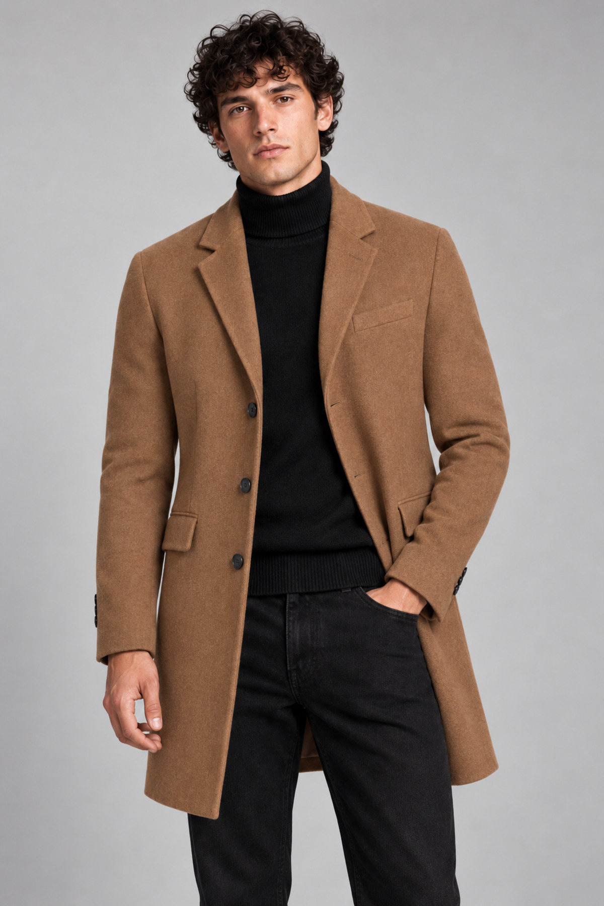 Erkek Vizon, Slim Fit Kaşe Kaban – Klasik Yaka 3 Düğmeli Uzun Kesim Kışlık Palto — قهوه‌ای RAE-513 — تصویر 3 از 5