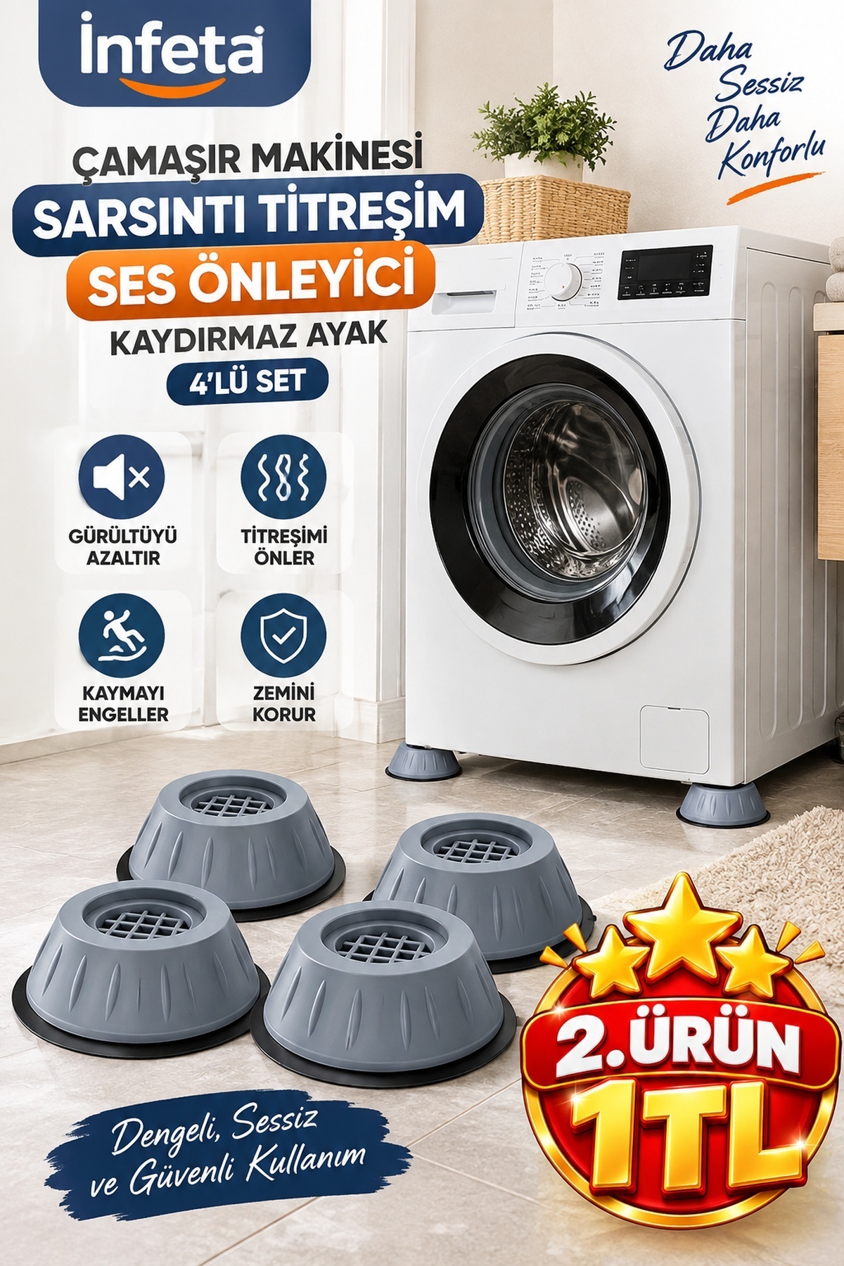 İnfeta 4'lü Çamaşır Makinesi Titreşim Ses Önleyici Kaydırmaz Ayak Takozu