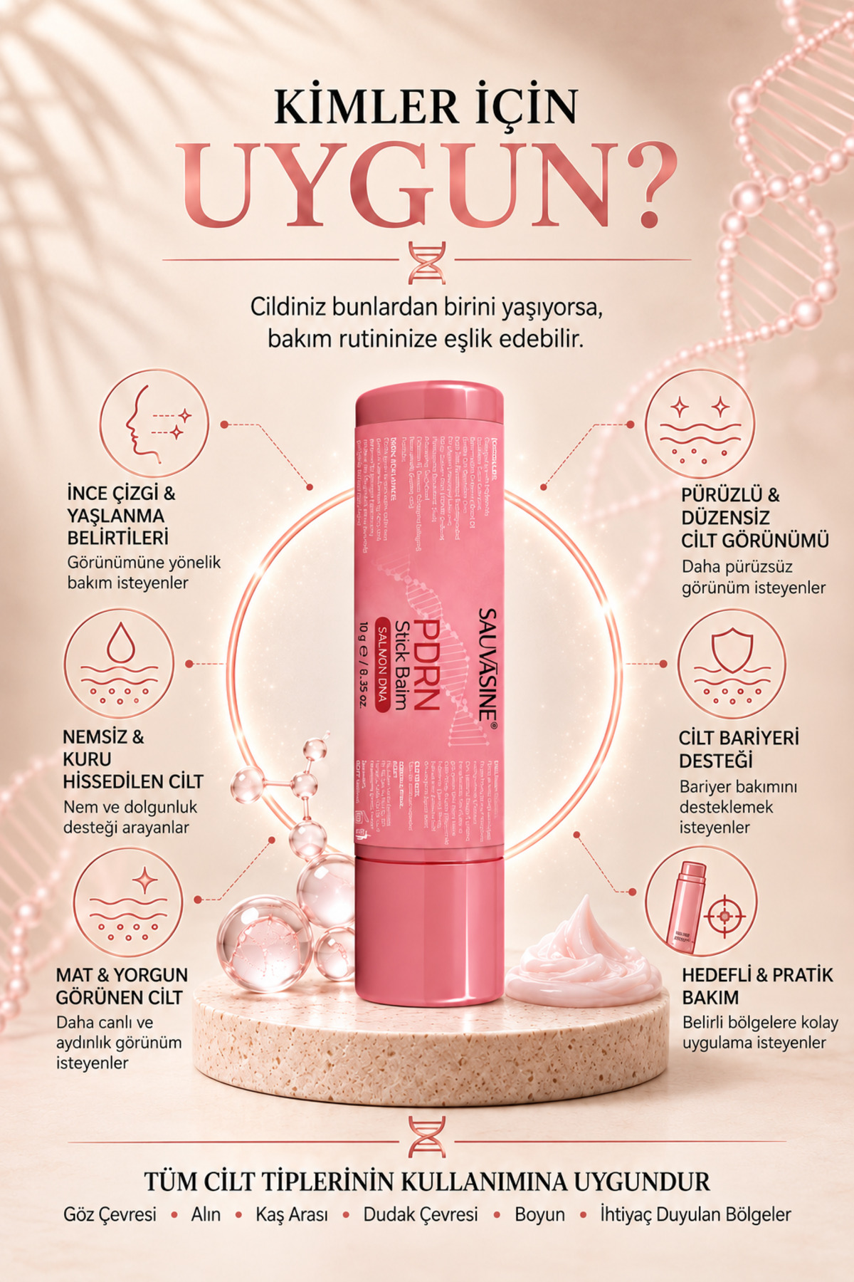 PDRN İçeren Stick Bakım Balmı 10 g | Hyaluronik Asit, Niacinamide, Kolajen ve Peptit İçeren Günlük Bakım Formülü — SAUPDRNS10 — تصویر 4 از 8