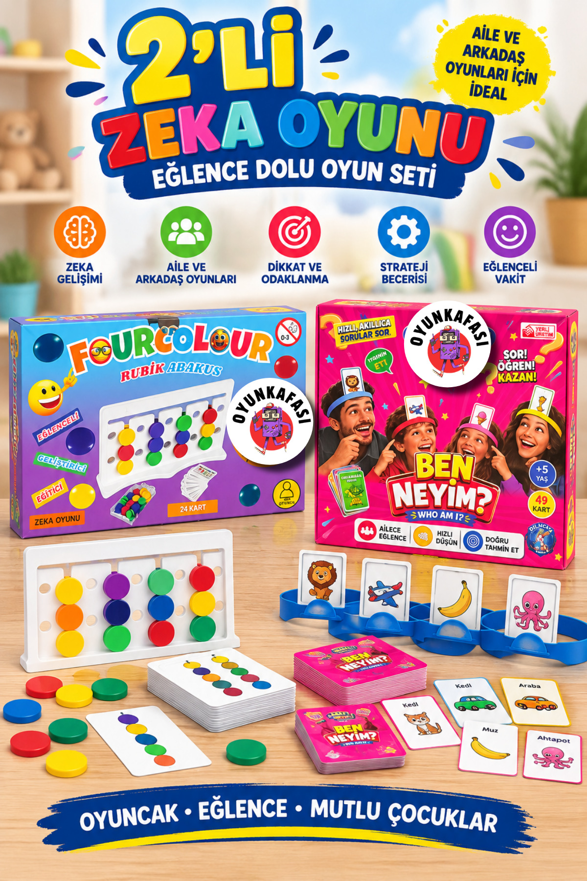 OYUNKAFASI 2’li Zeka Oyunu Seti – Four Colour Rubik Abaküs + Ben Neyim? Tahmin Oyunu Aile ve Çocuk Oyunu
