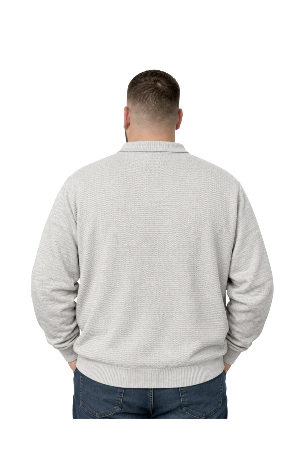 Erkek Büyük Beden Bej Polo Yaka Fermuarlı Dokulu Triko Kazak 3XL-4XL-5XL-6XL — بژ BM-471 — تصویر 3 از 6