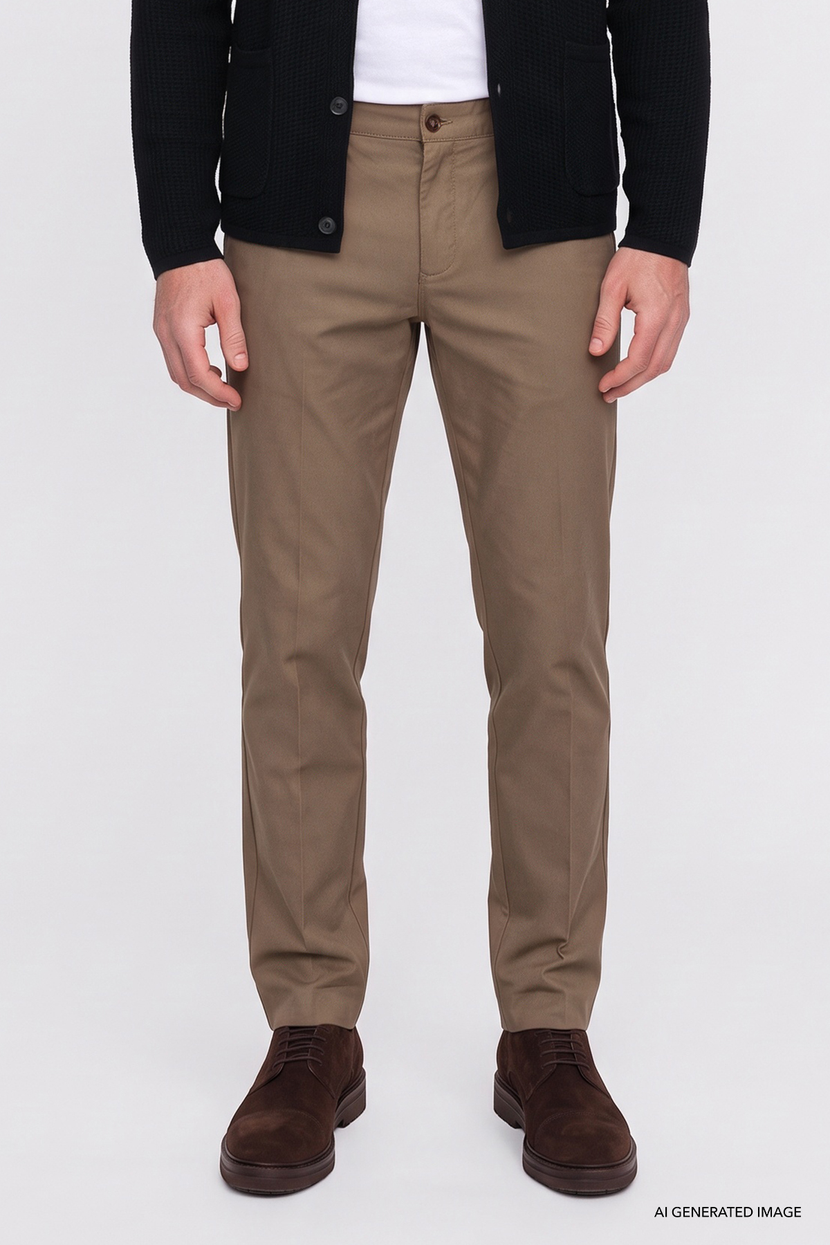 Erkek Bej Pamuklu Slim Fit Armürlü Yan Cepli Esnek Casual Pantolon — بژ YDE001252192 — تصویر 3 از 4