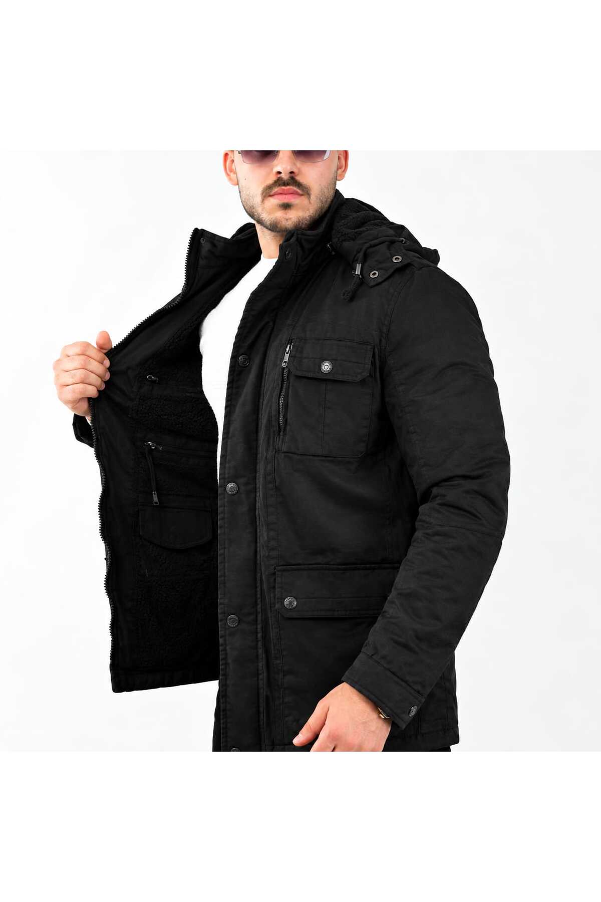 STAFF Dağcı Askeri Full Kürklü Kapşonlu Outdoor Suya Dayanıklı Kanvas Kaban Parka — مشکی staffğparkaaln30bt18 — تصویر 2 از 3