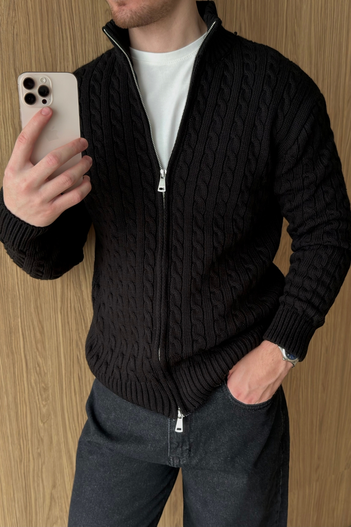 ژاکت کشباف بافتنی مردانه یقه دو زیپ بافته طباط — رنگارنگ 04069 — تصویر 5 از 7