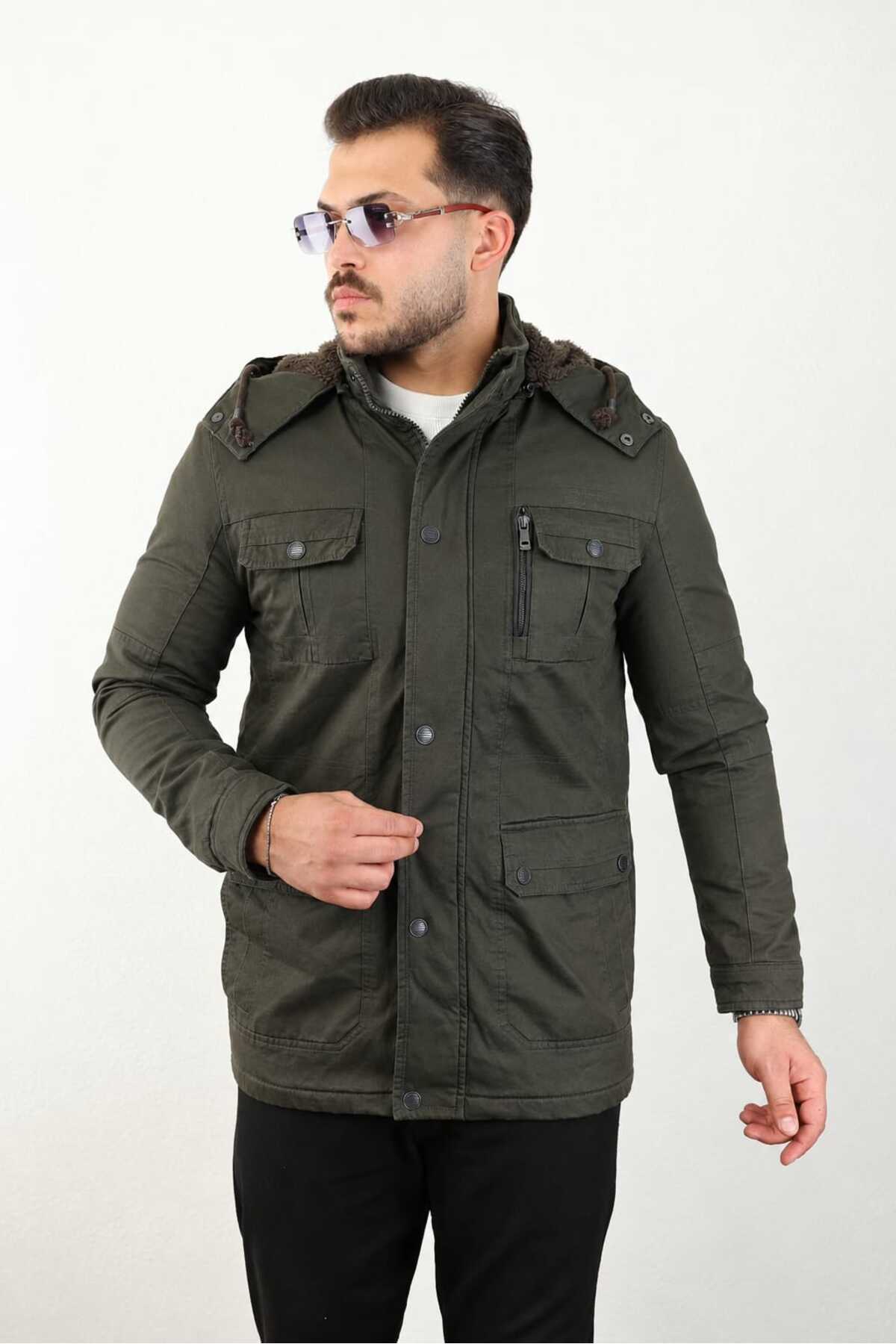 STAFF Dağcı Askeri Full Kürklü Kapşonlu Outdoor Suya Dayanıklı Kanvas Kaban Parka — خاکی staffğparkaaln30bt18