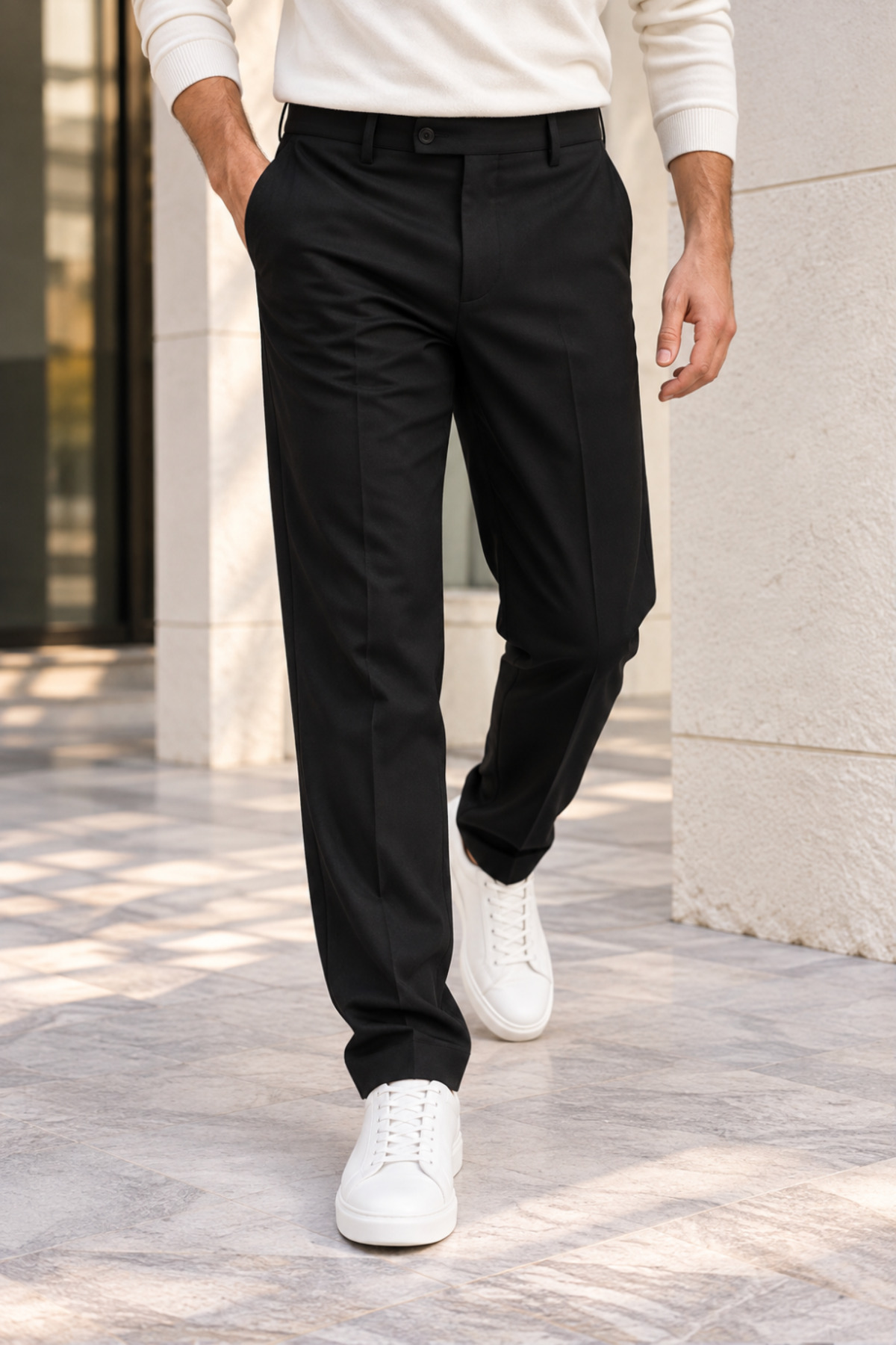 Erkek Pamuklu Likralı Regular Fit Kumaş Pantolon - Siyah — مشکی 1532PLST