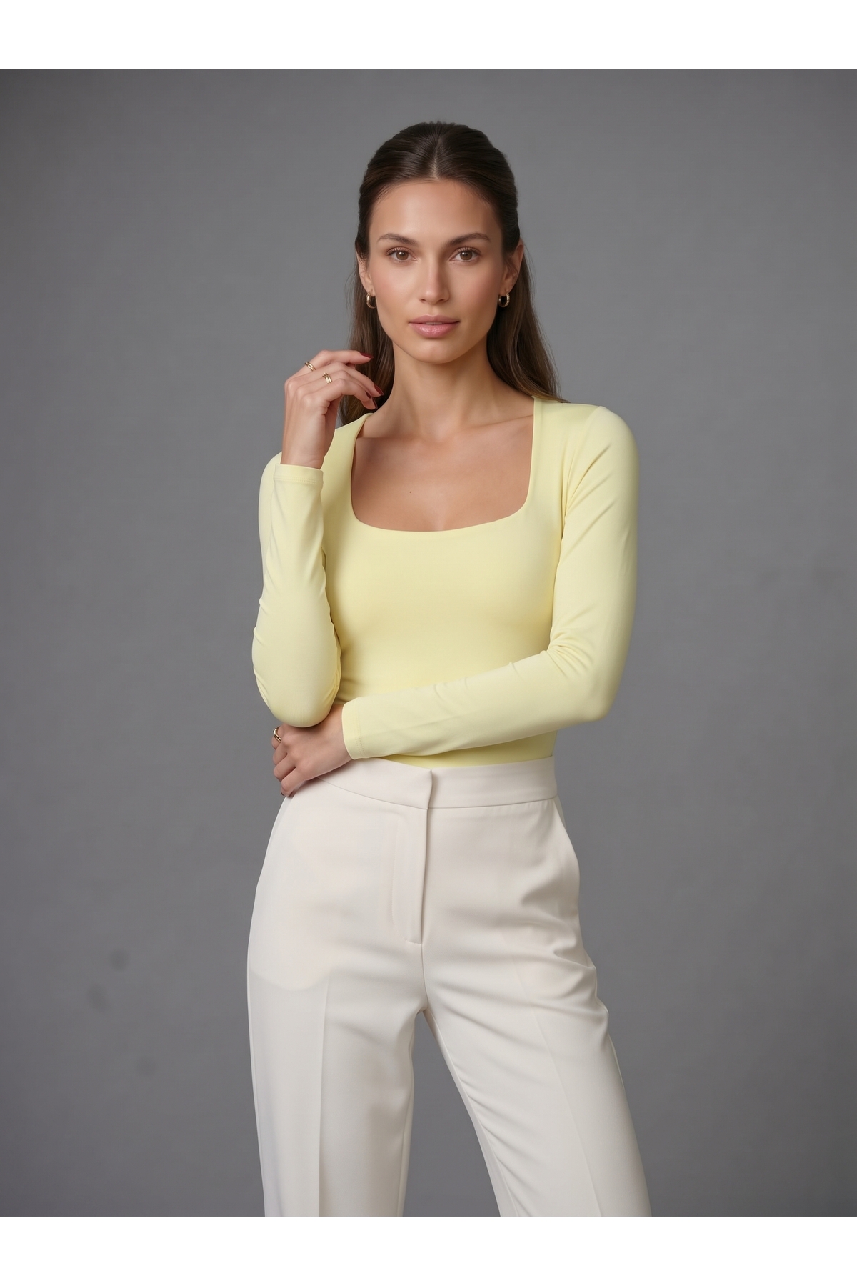 Kadın Uzun Kollu Kare Yaka Çıtçıtlı Slim Fit Esnek Bodysuit - Sarı