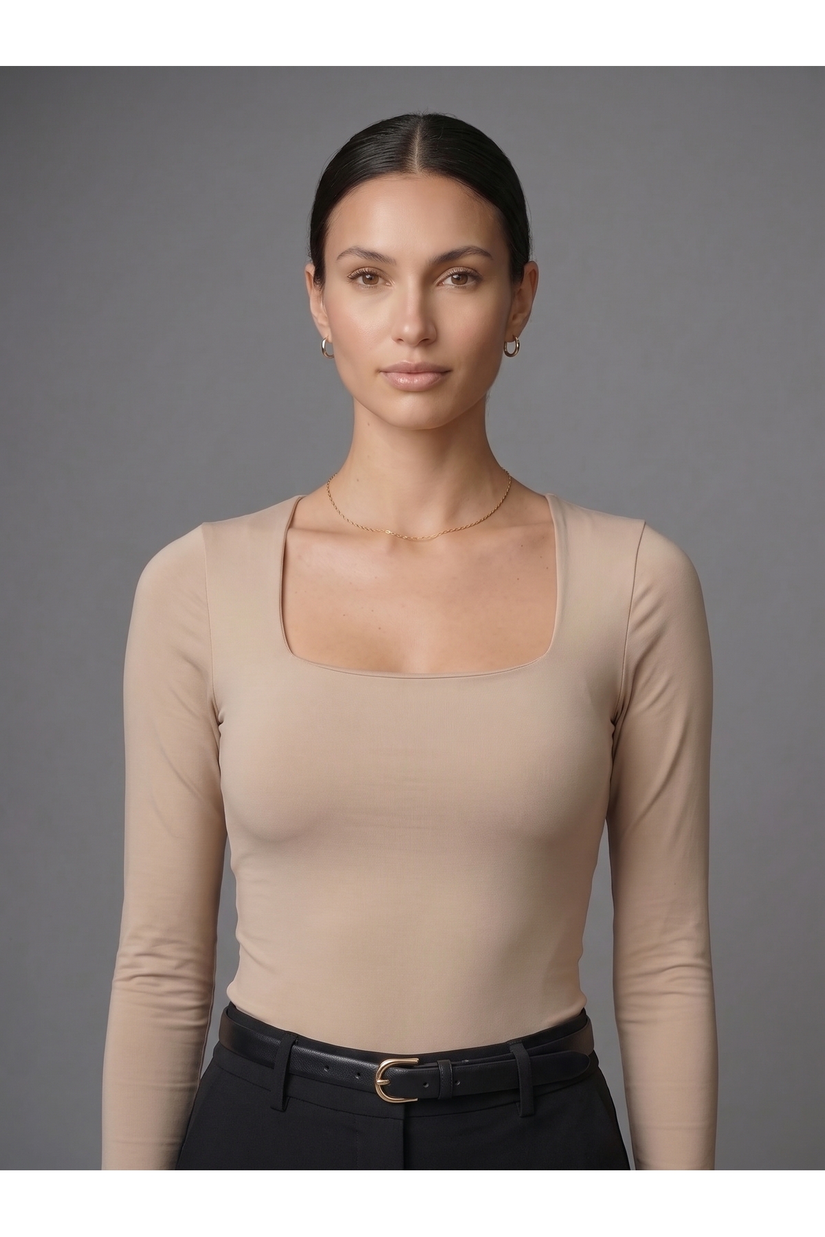 Kadın Uzun Kollu Kare Yaka Çıtçıtlı Slim Fit Esnek Bodysuit - Bej 2