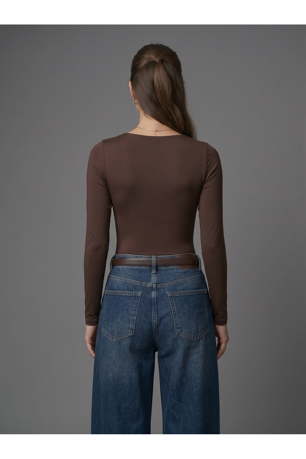 Kadın Uzun Kollu Kare Yaka Çıtçıtlı Slim Fit Esnek Bodysuit - Kahverengi 3