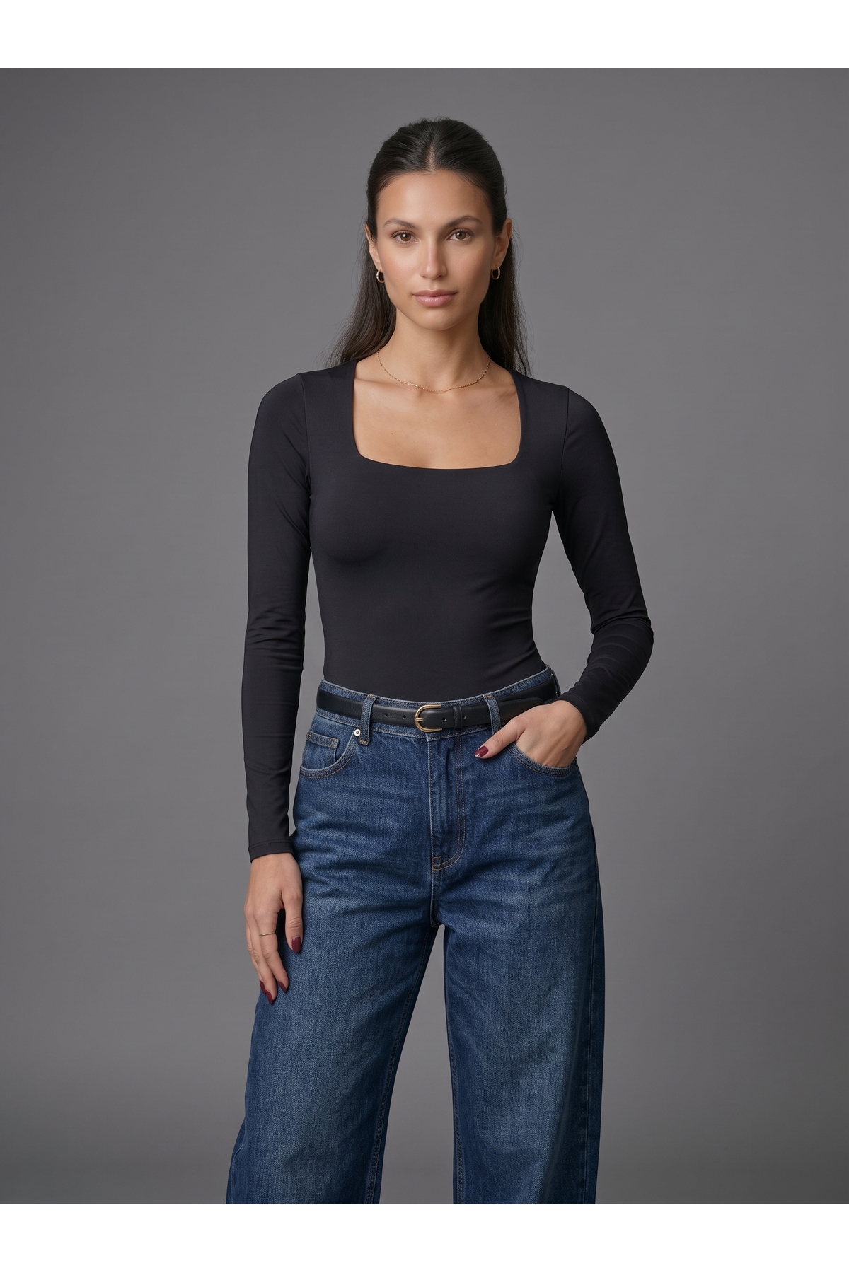 Kadın Uzun Kollu Kare Yaka Çıtçıtlı Slim Fit Esnek Bodysuit - Siyah