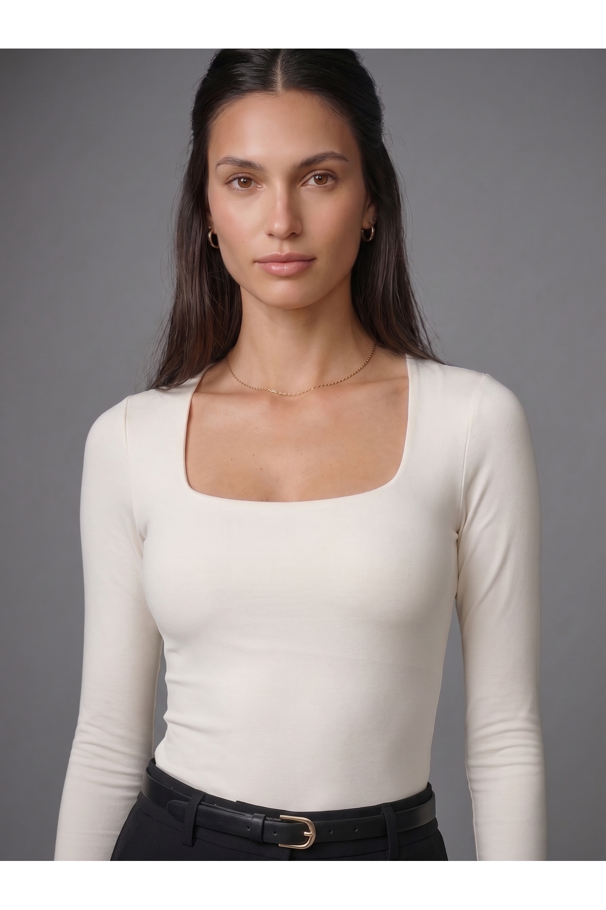 Kadın Uzun Kollu Kare Yaka Çıtçıtlı Slim Fit Esnek Bodysuit - Beyaz 2