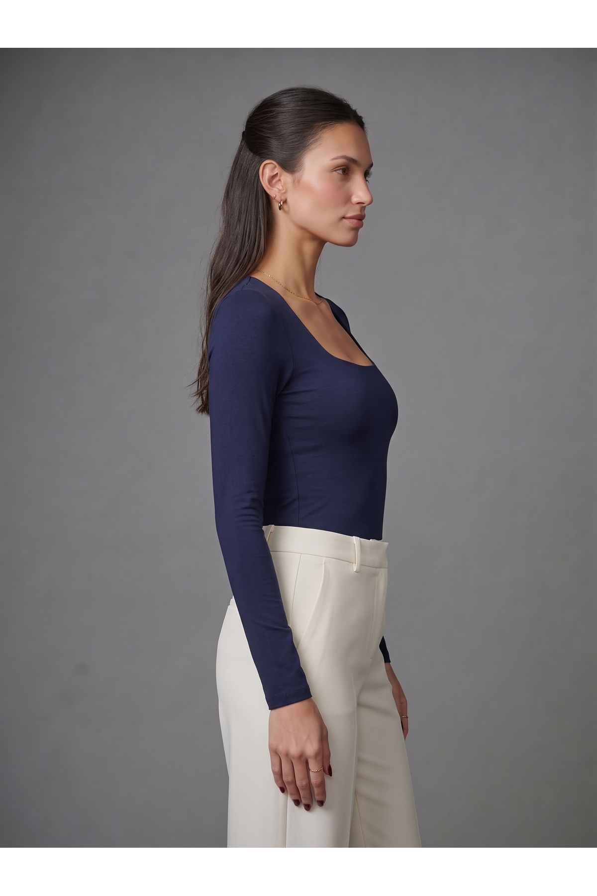 Kadın Uzun Kollu Kare Yaka Çıtçıtlı Slim Fit Esnek Bodysuit - Lacivert 3