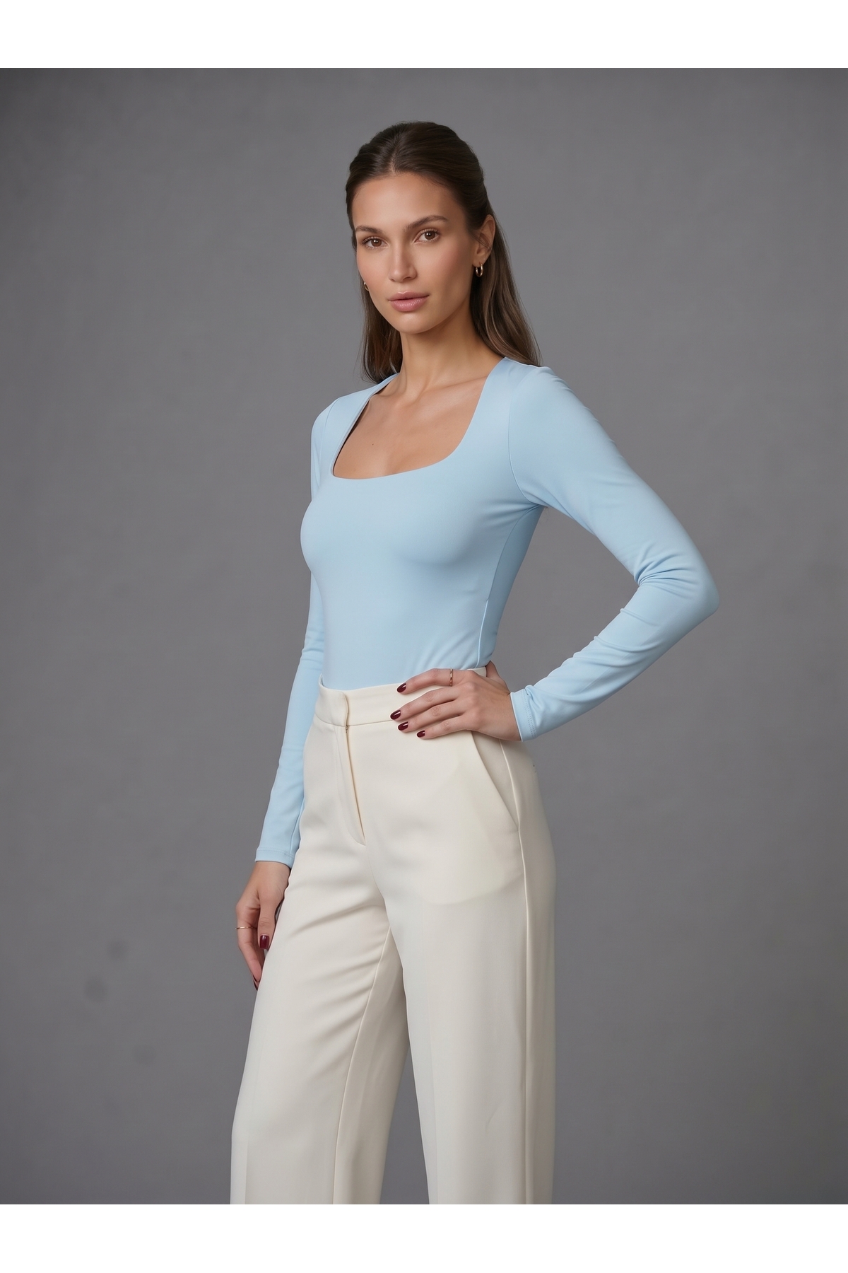 Kadın Uzun Kollu Kare Yaka Çıtçıtlı Slim Fit Esnek Bodysuit - Mavi 3