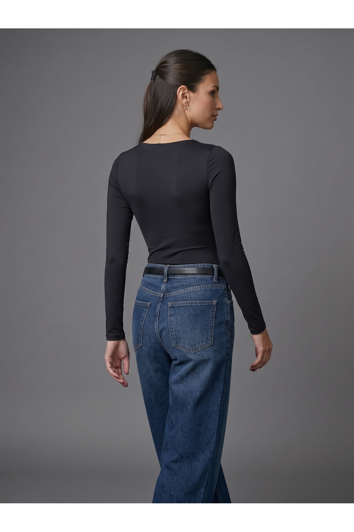 Kadın Uzun Kollu Kare Yaka Çıtçıtlı Slim Fit Esnek Bodysuit - Siyah 4