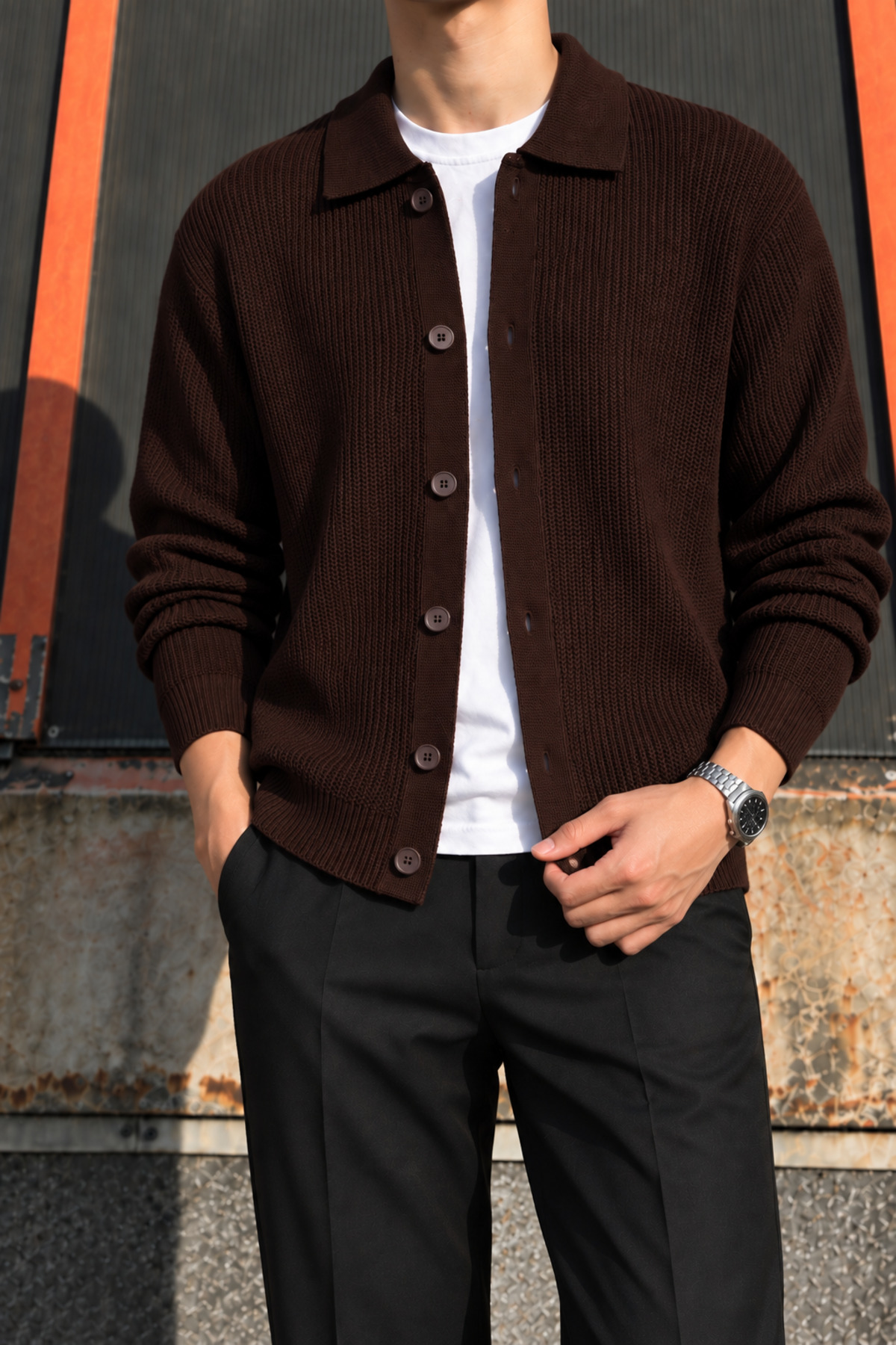 Polo yaka, düğmeli, regular-fit, casual, basic triko örgü hırka 26PLTK23 — قهوه‌ای — تصویر 5 از 5