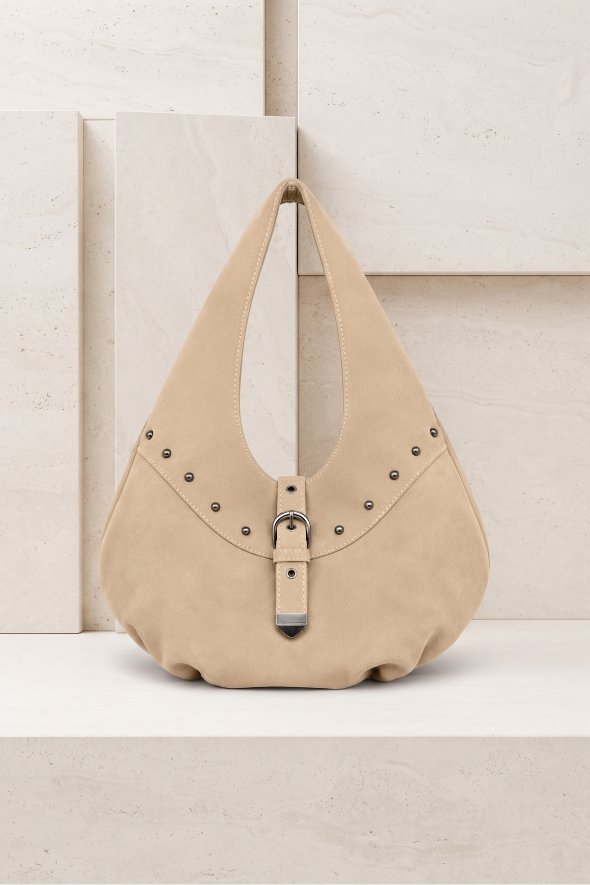 Gogoey Süet Hobo Tokalı Metal Zımba Detaylı Kemerli Geniş Model