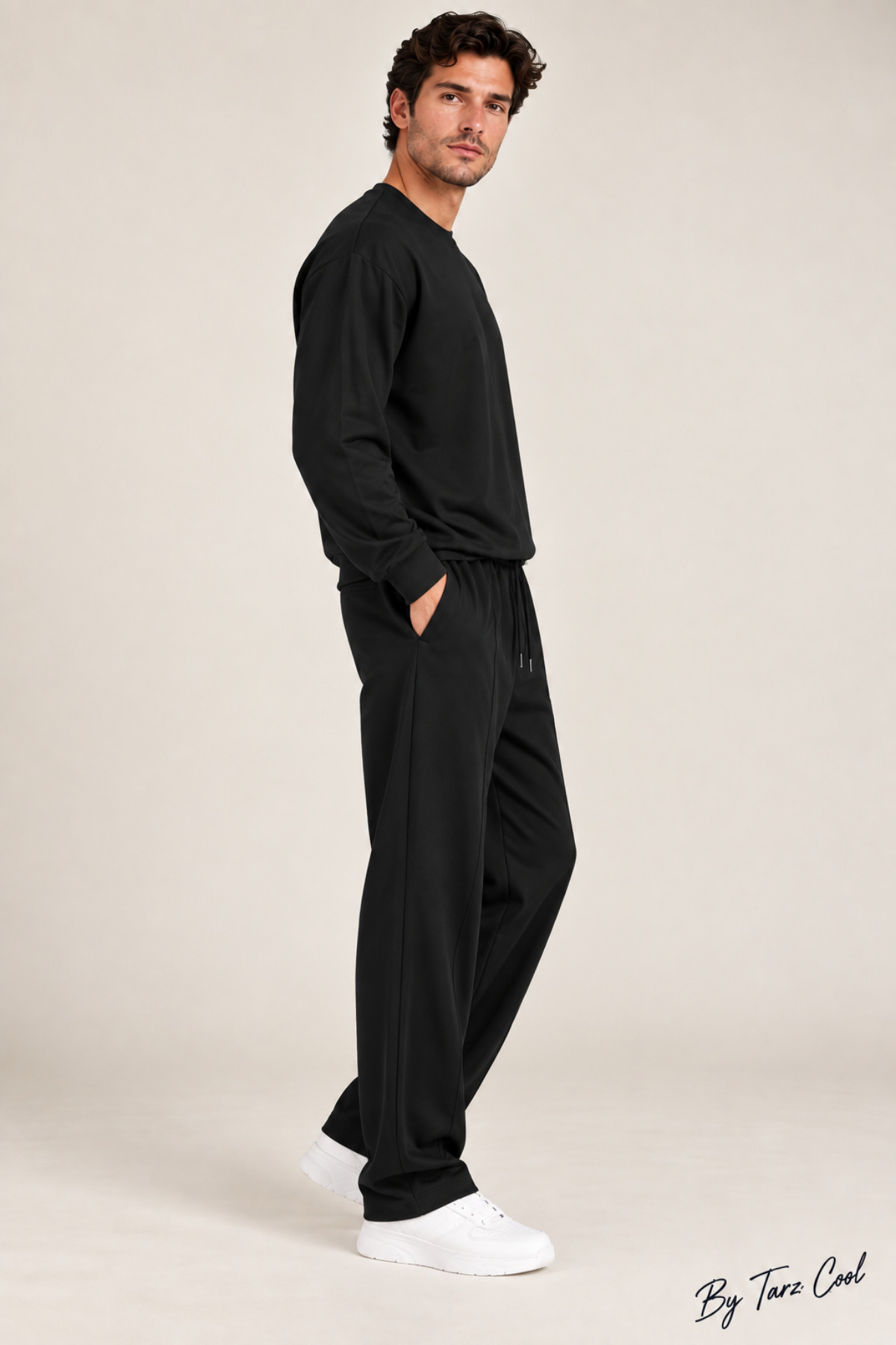 Erkek Oversize %100 Oyşo Bisiklet Yaka Sweatshirt Bol Paça Alt Üst Takım — مشکی OYSTKMER02 — تصویر 2 از 3