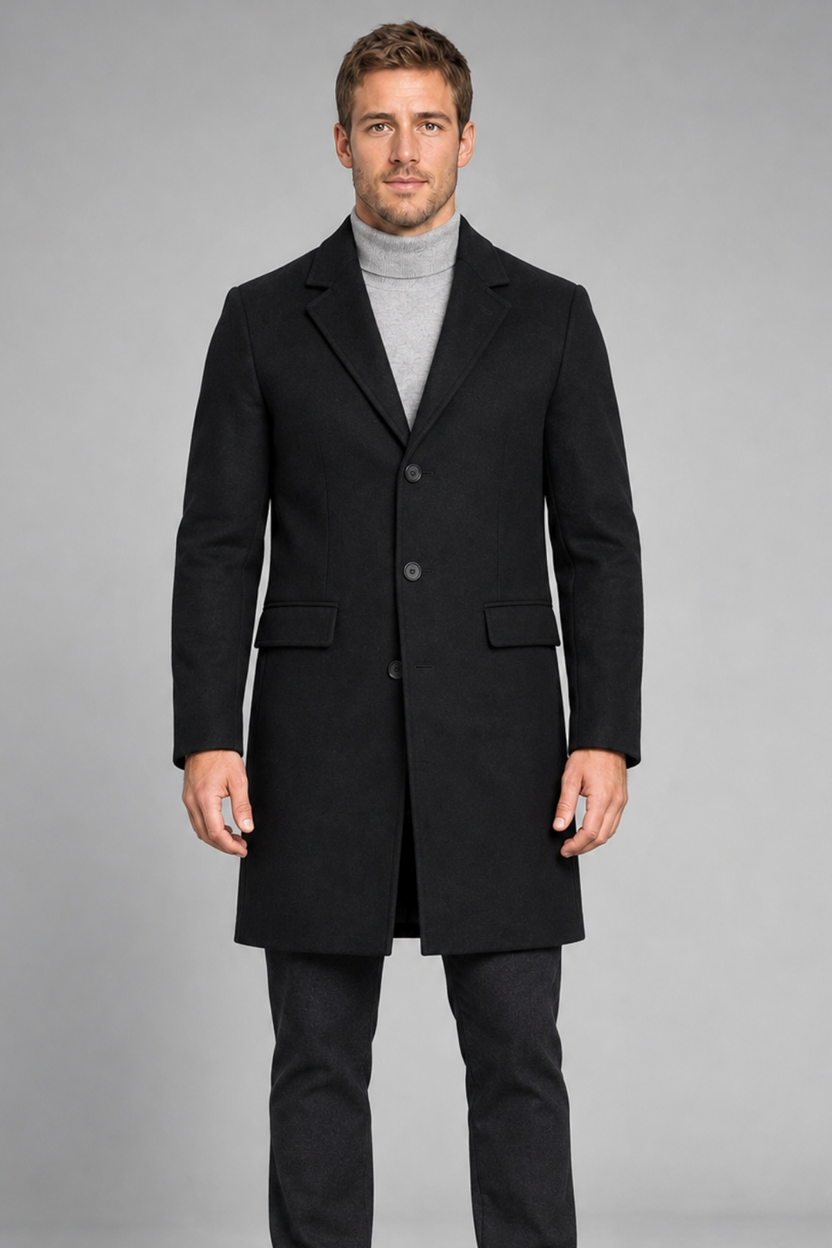 Erkek Siyah Slim Fit Kaşe Kaban Klasik Yaka Düğmeli Uzun Kesim Kışlık Palto - Kaban — مشکی L-513