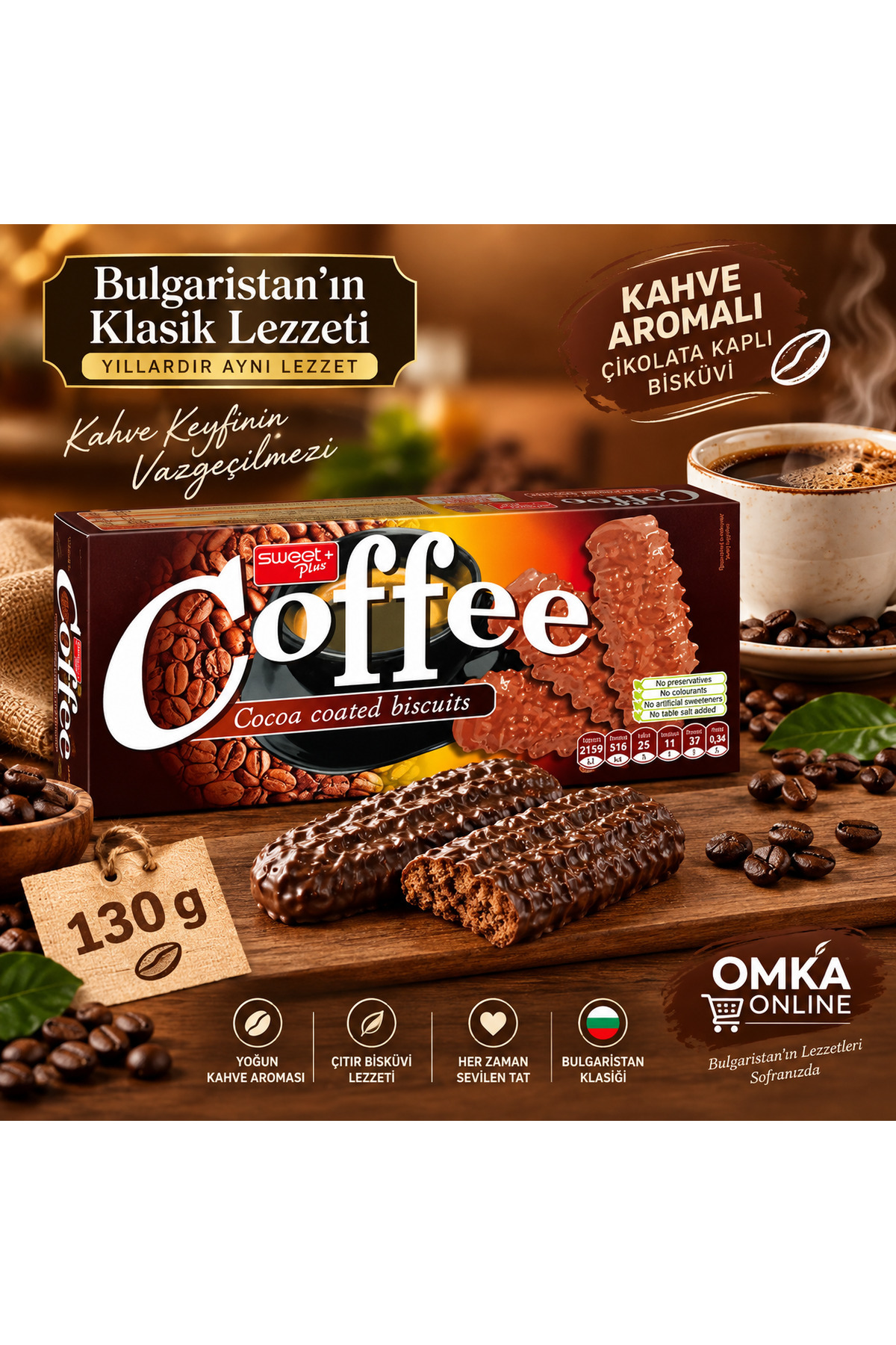 OMKA Coffee Kahve Aromalı Çikolata Kaplı Bisküvi 130 G – Bulgaristan Ürünü