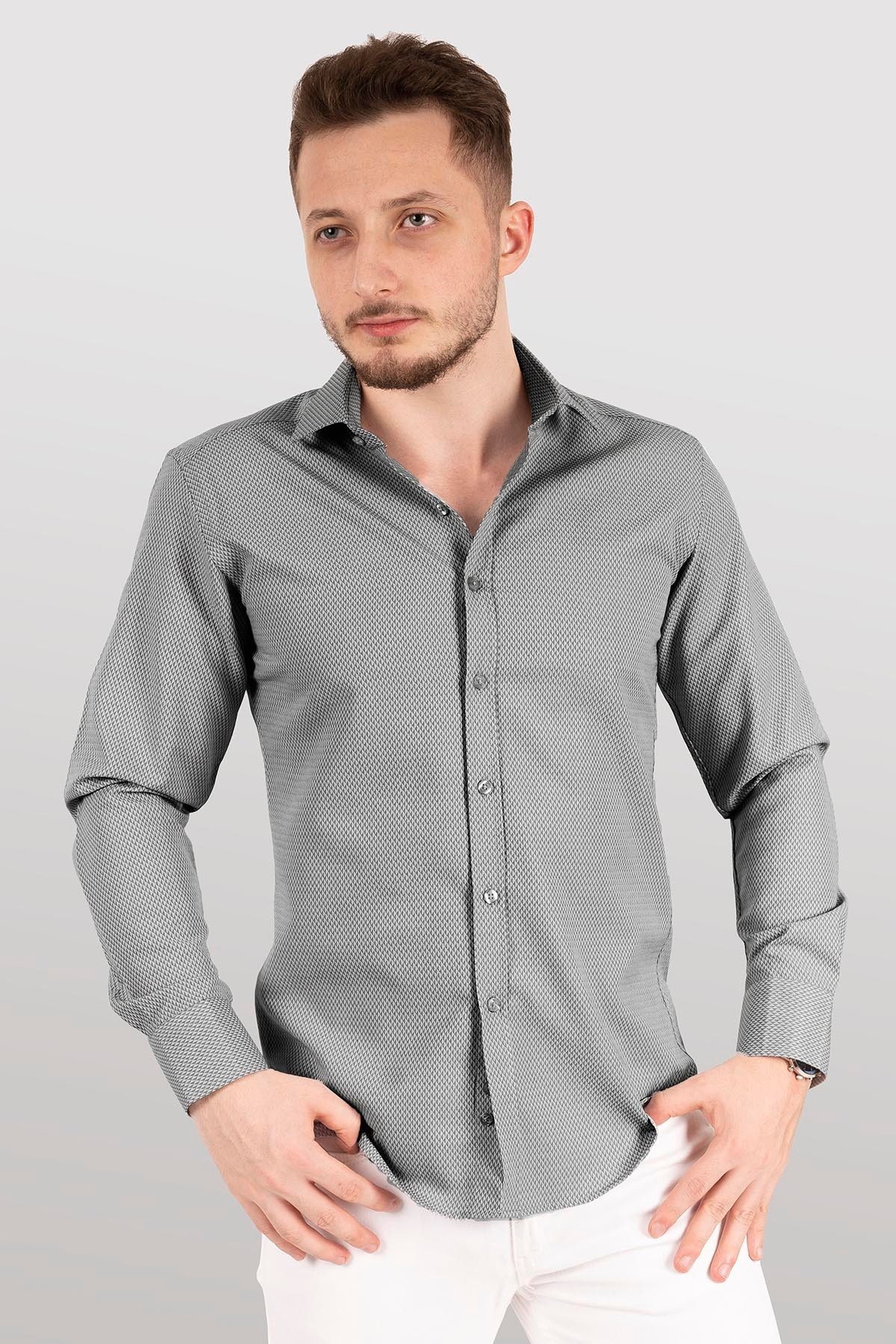 Gri Desenli Slimfit Gömlek — خاکستری 902 — تصویر 5 از 5