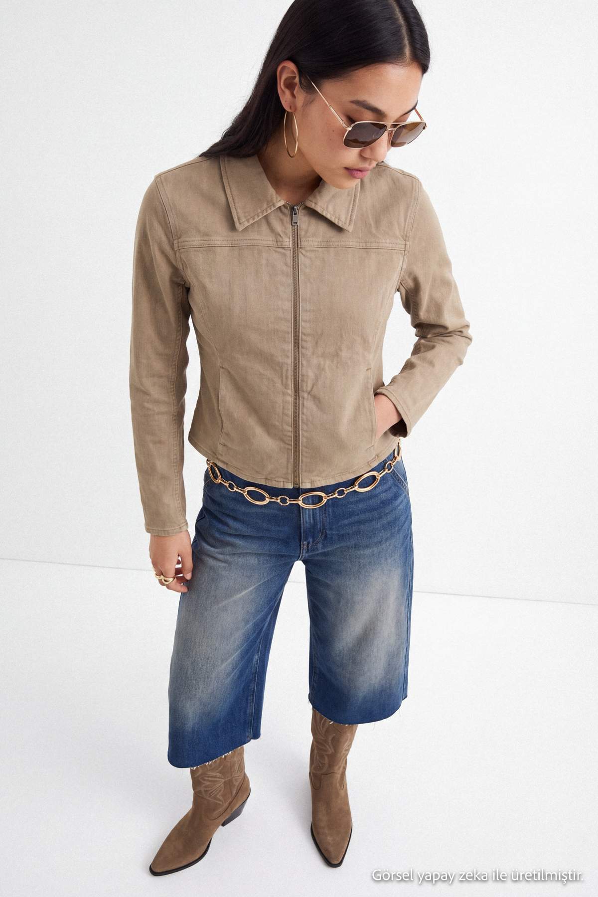 Haki Fermuar Detaylı Fitted Denim Ceket TWOAW27CE00032