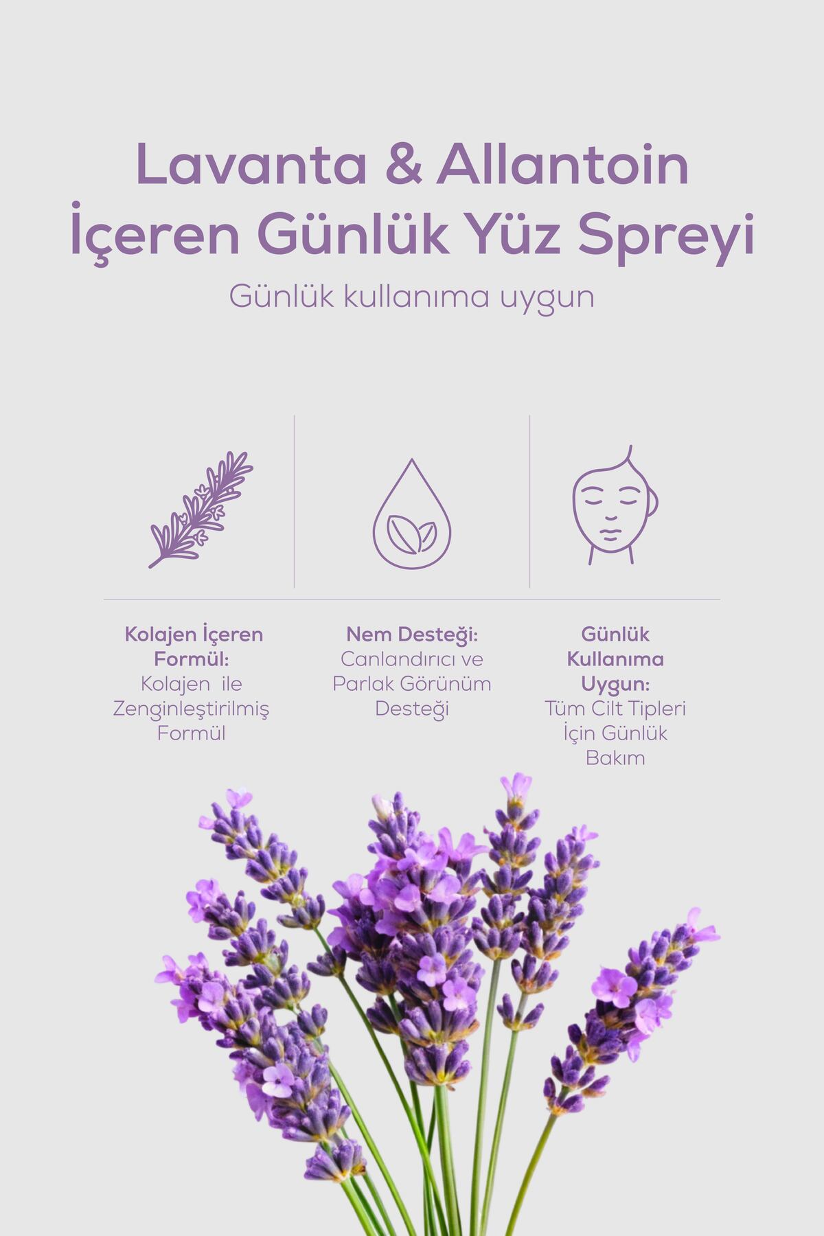 Nemlendirici ve Yatıştırıcı Yüz Spreyi 100 ml | Lavanta, Allantoin, Hidrolize Kolajen, Panthenol — KZMNTG0060 — تصویر 3 از 7