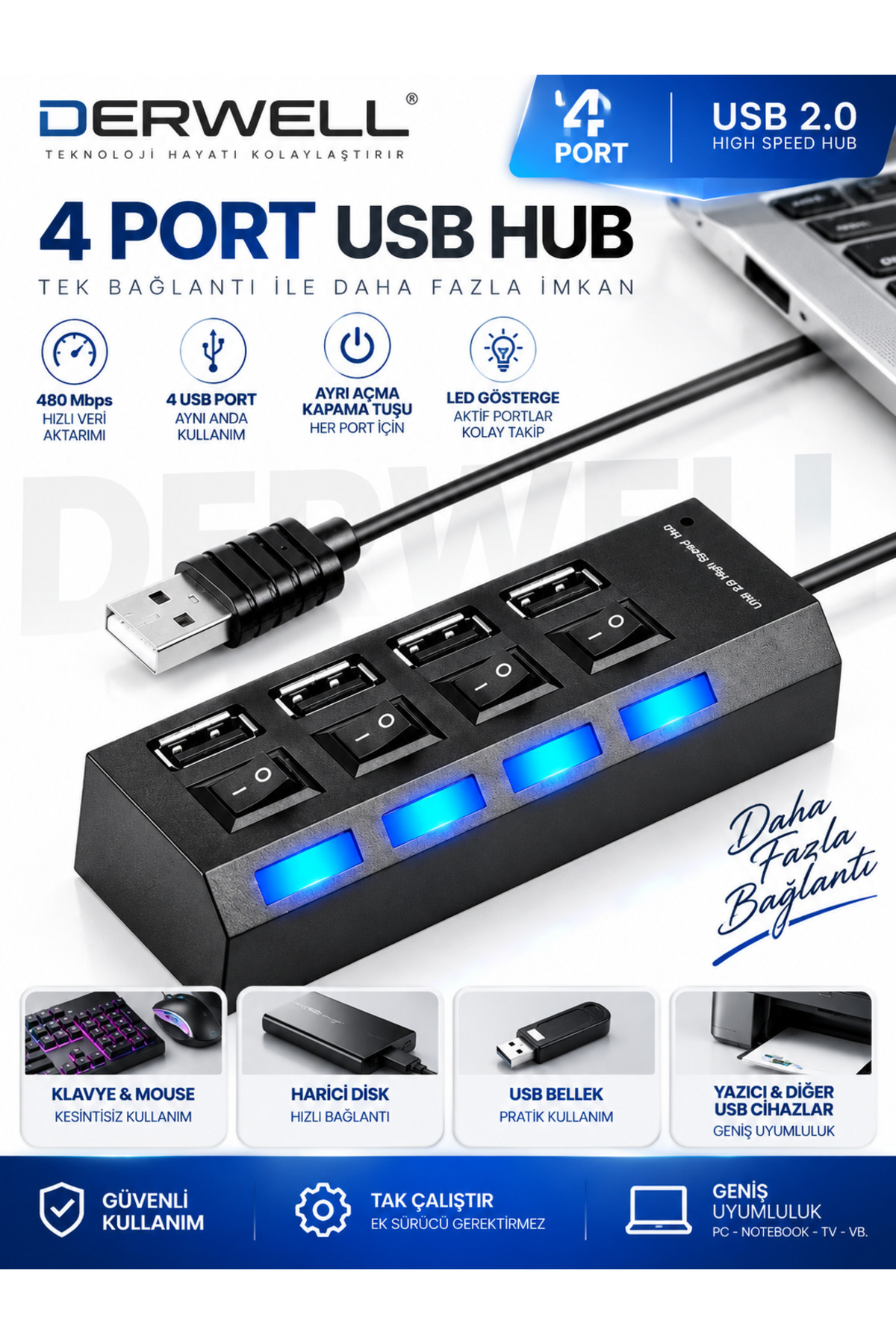 4 Port Usb 2.0 Hub Çoğaltıcı Çoklayıcı Swıtch Anahtarlı Çoklama Dişi Splitter Laptop Bilgisayar Için