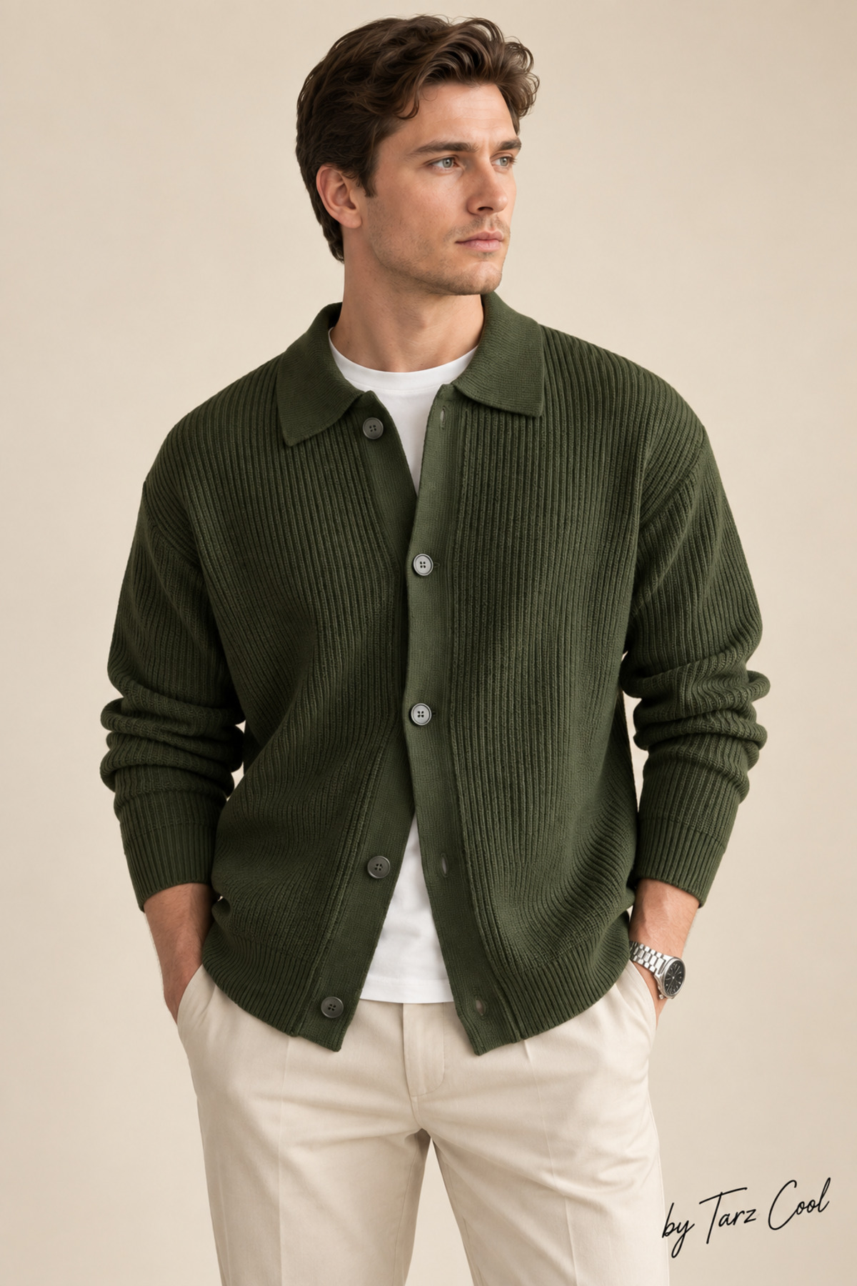 Tarz Cool Düğme Detaylı Regular Fit Hırka — خاکی HRK19188