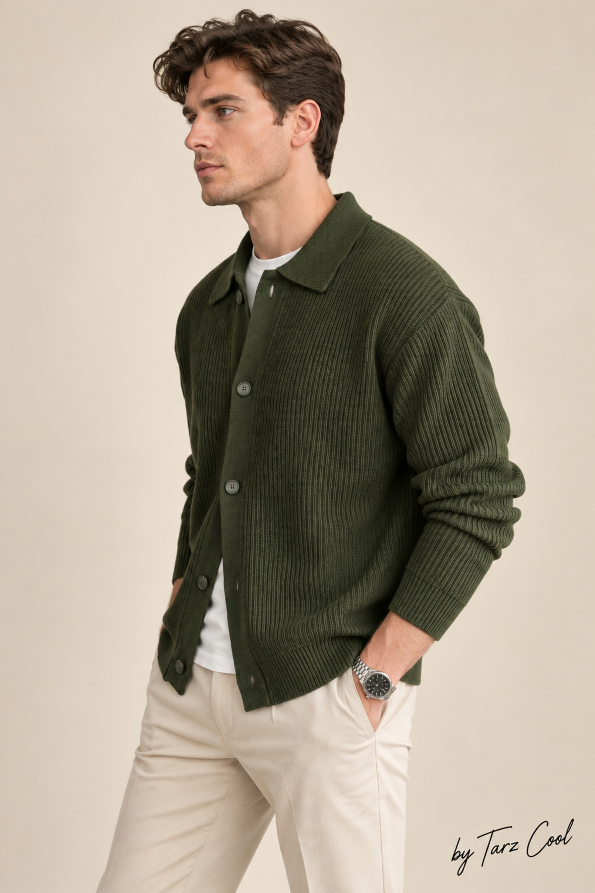 Düğme Detaylı Regular Fit Hırka — خاکی HRK19188 — تصویر 3 از 4