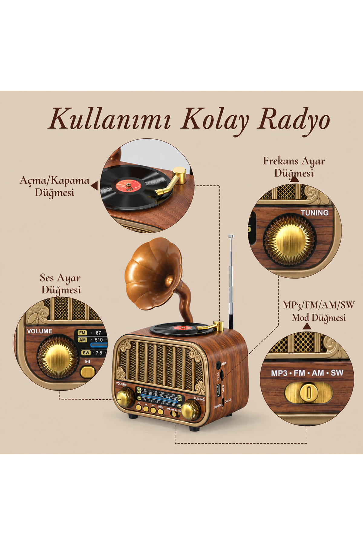 Dexxony Nostaljik Radyo MD-1319 Bluetooth Gramofonlu Hoparlör