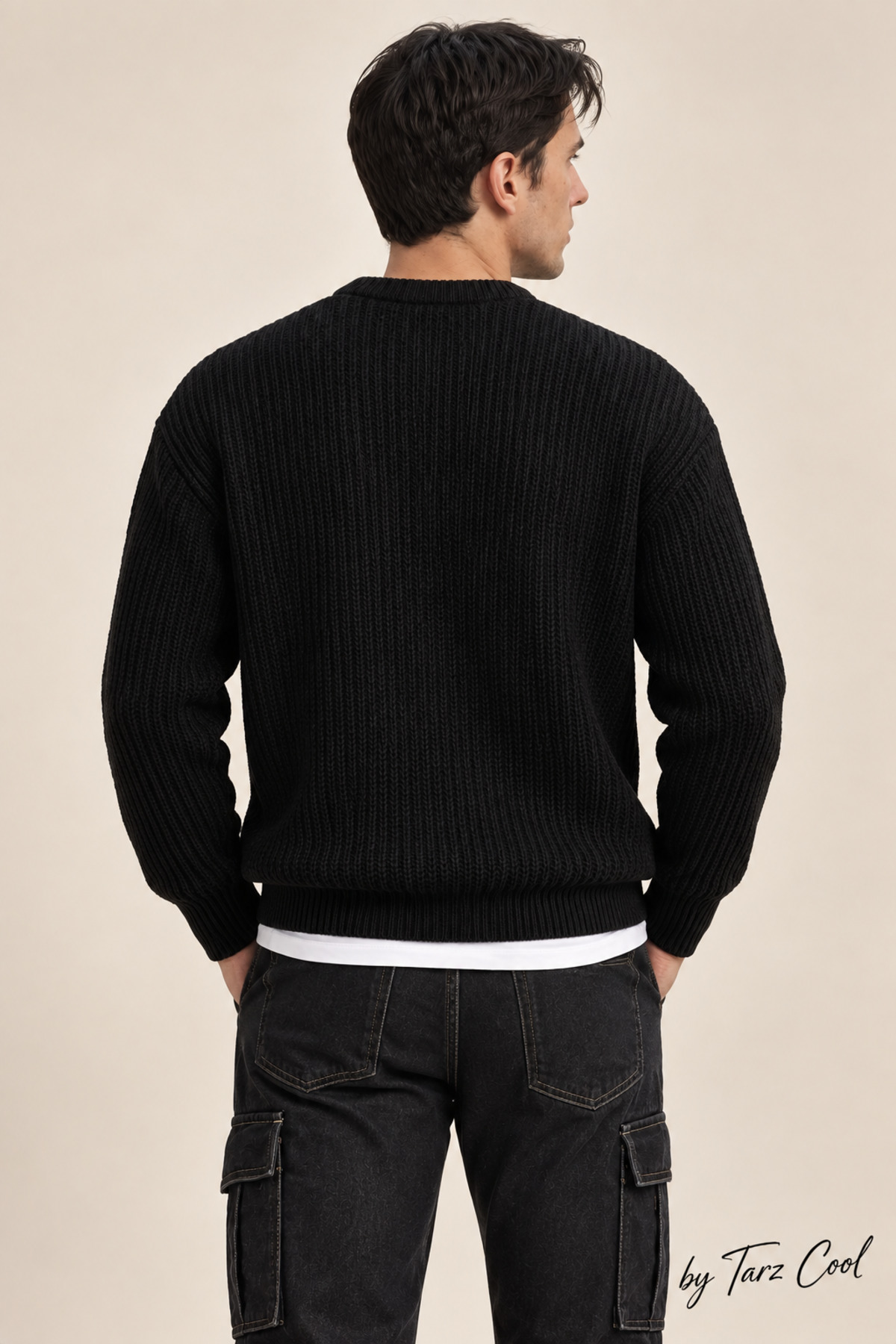 Erkek Siyah Regular Fit Bisiklet Yaka Örgülü Triko — مشکی TRZ19105 — تصویر 4 از 4
