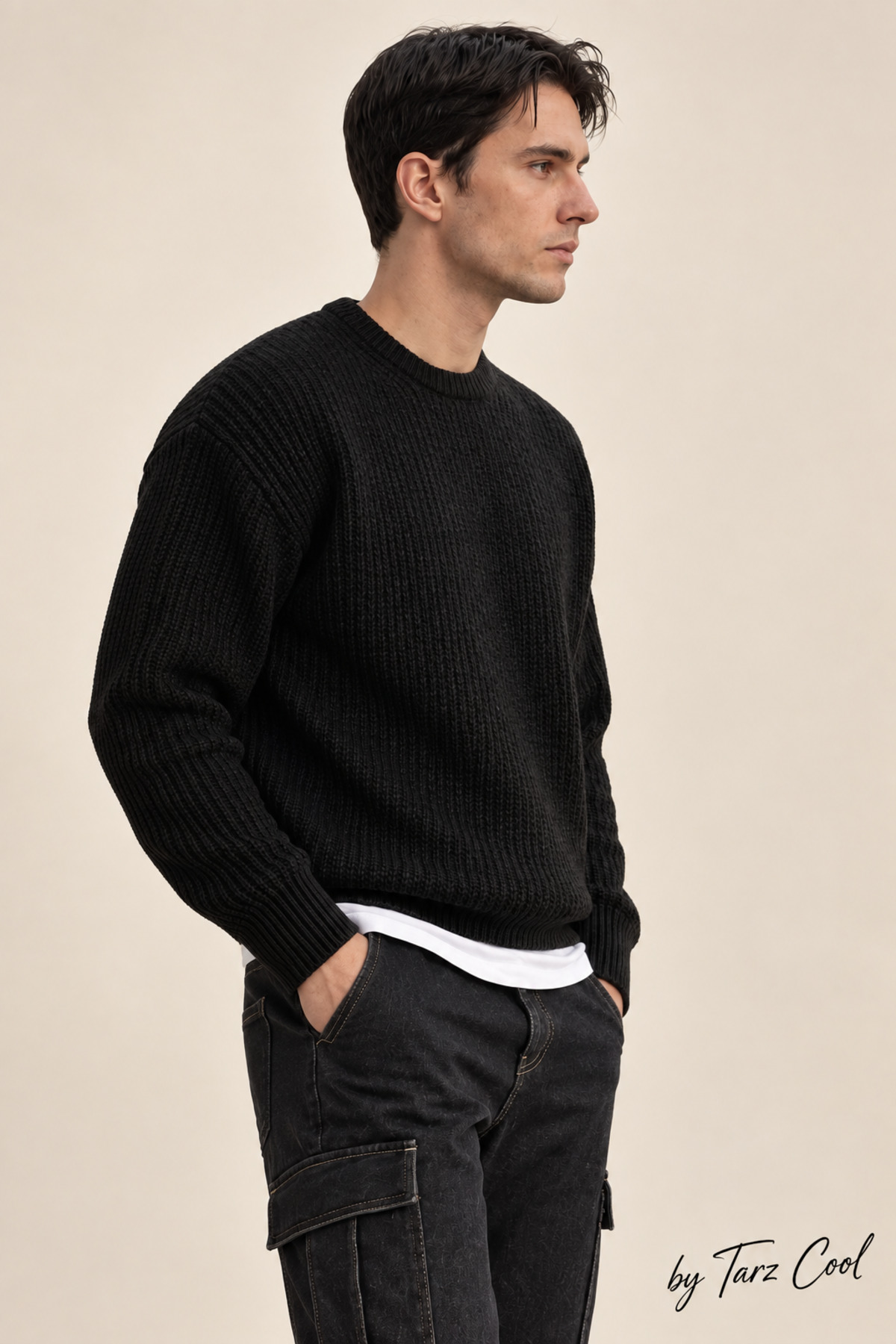 Erkek Siyah Regular Fit Bisiklet Yaka Örgülü Triko — مشکی TRZ19105 — تصویر 3 از 4