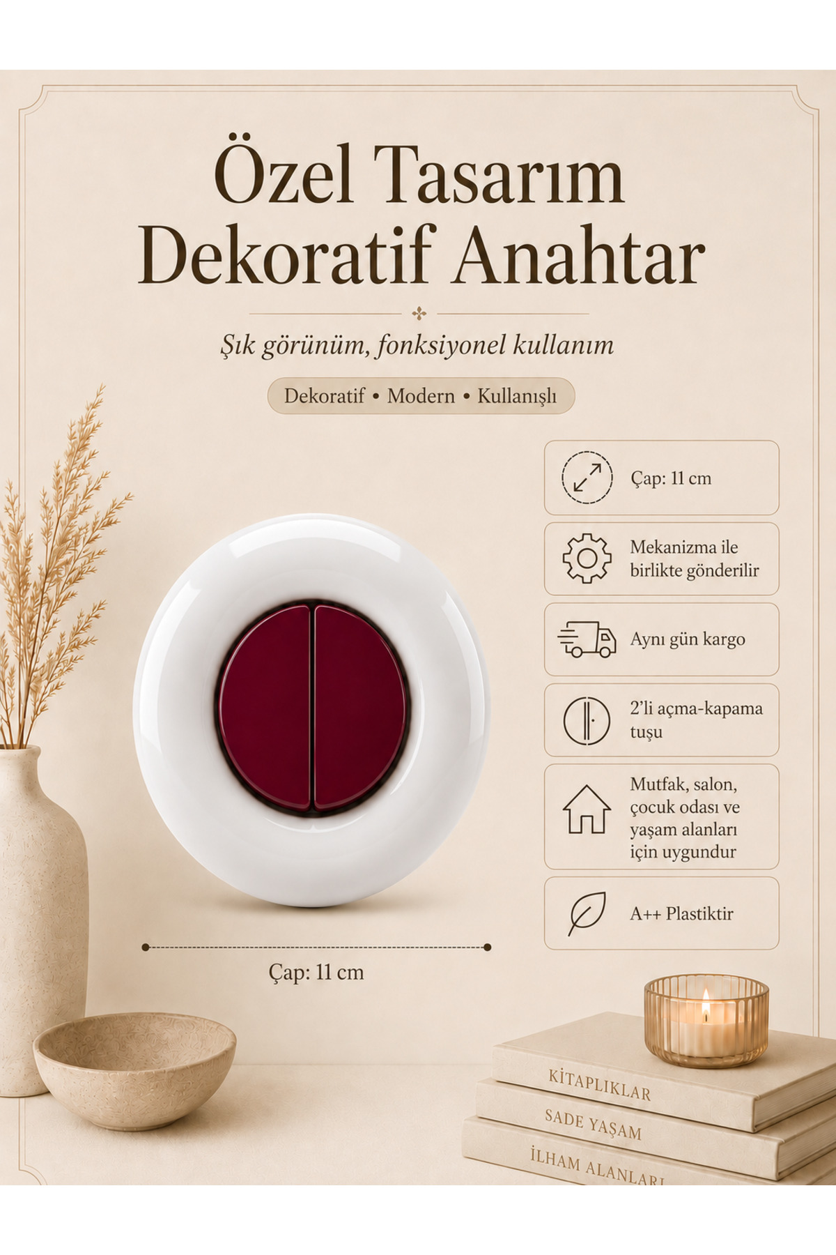 Özel Tasarım Bubble Serisi Dış Beyaz İç Bordo Dekoratif Komütatör Anahtar A Kalite Plastik (Mekanizma Dahildir)