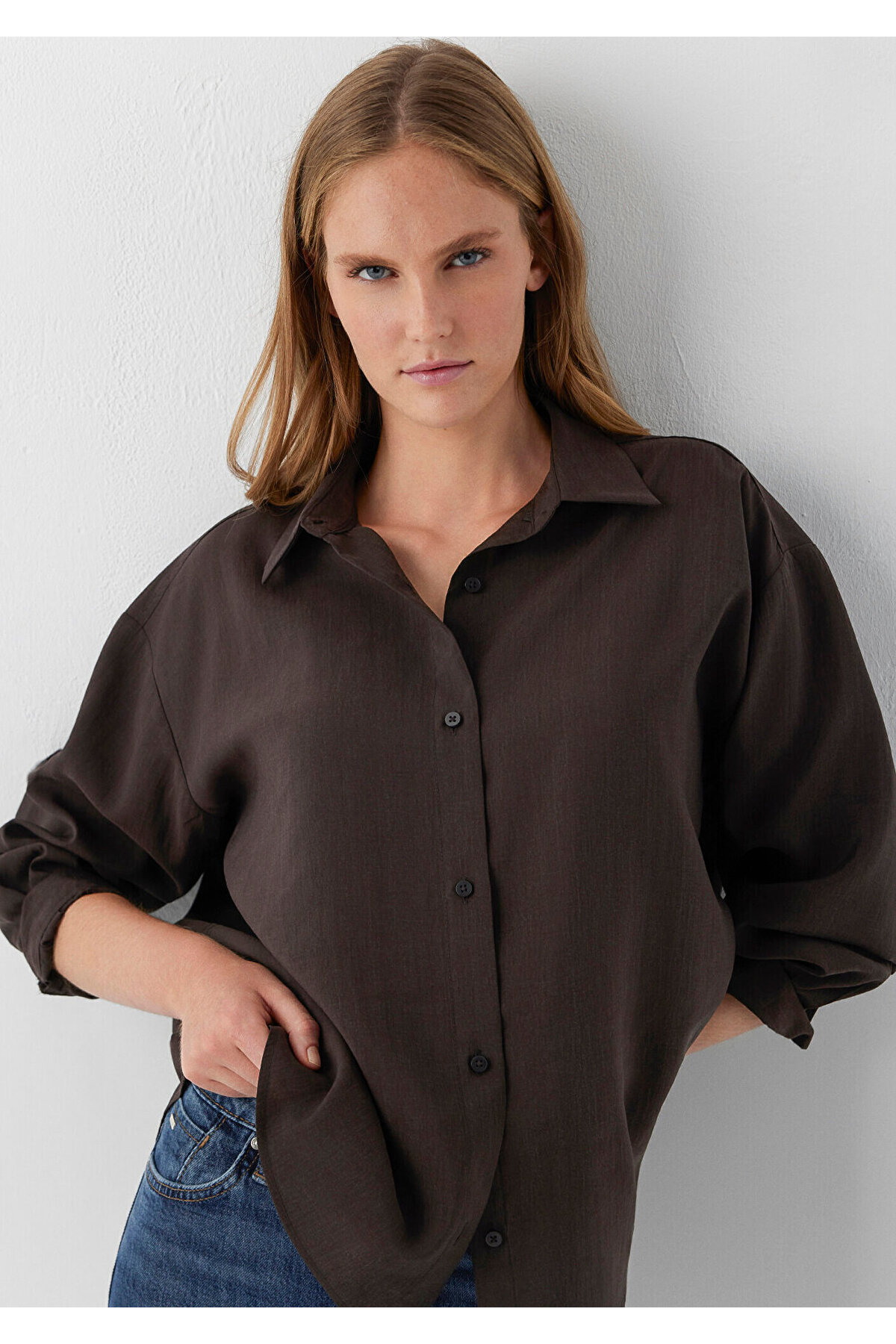 (Tencel™) Lyocell Karışımlı Kahverengi Gömlek Oversize / Geniş Kesim 1220416-89103