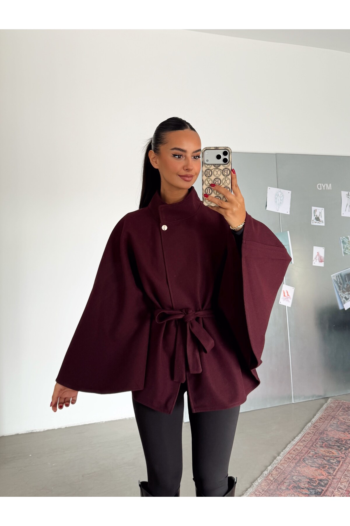 mydukkan.co Kaşe Kuşaklı Pelerin Kaban - Bordo — رنگارنگ MYD7492