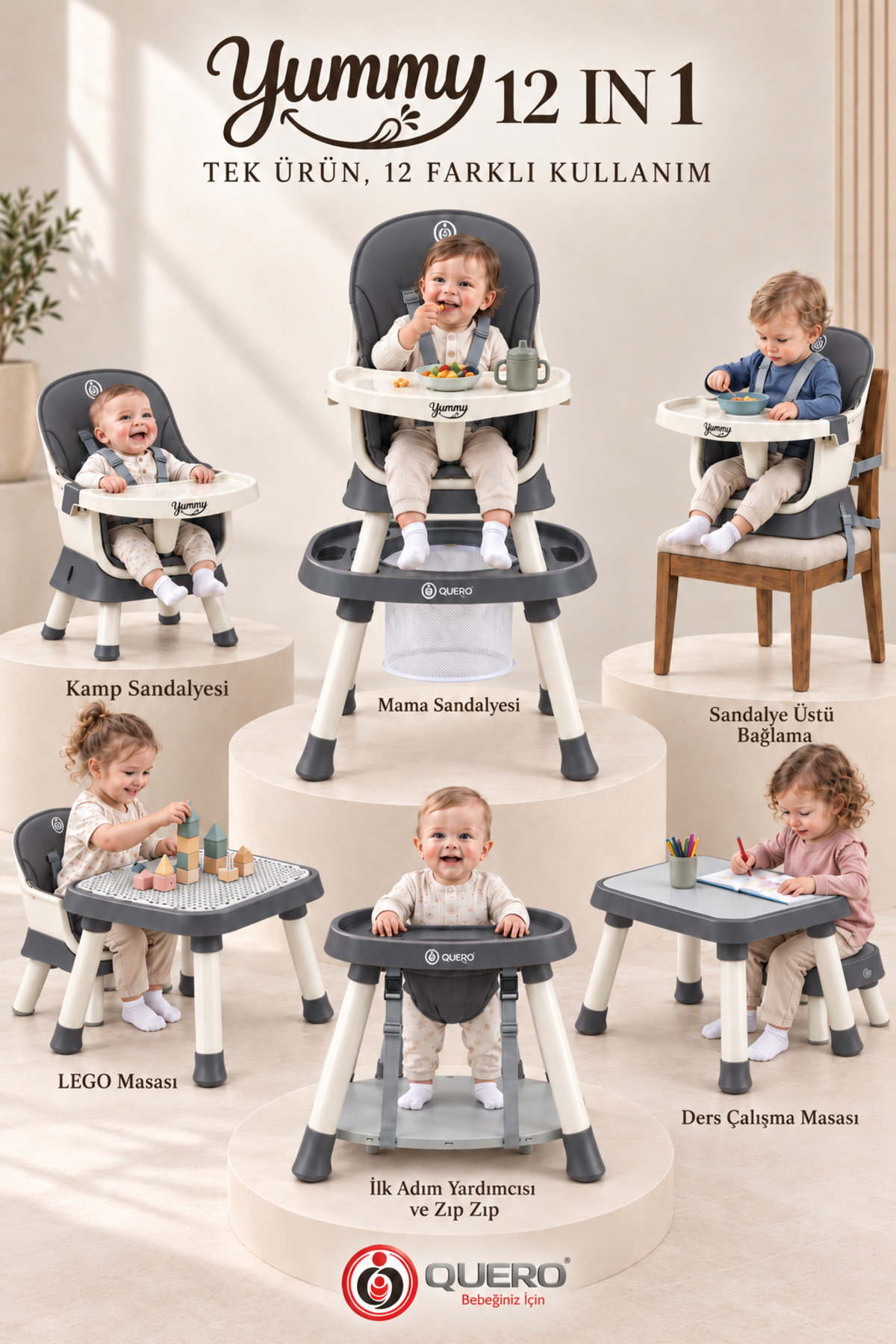 Quero Yummy 12in1 Mama Sandalyesi 12 Özellik Portatif Çalışma, Oyun Masalı Çok Fonksiyonlu Mama Sandalyesi