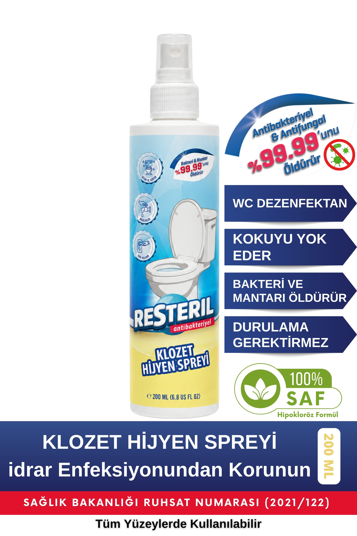 Resteril Günlük Klozet Temizleyici Dezenfektan Spreyi 200ml Hızlı Etkili Hijyenik Klozet Kapağı Temizleyici Alkolsüz Hipokloröz Asit Tuvalet Koku Giderici Klozet Hijyen Spreyi Yüzey Dezenfektanı