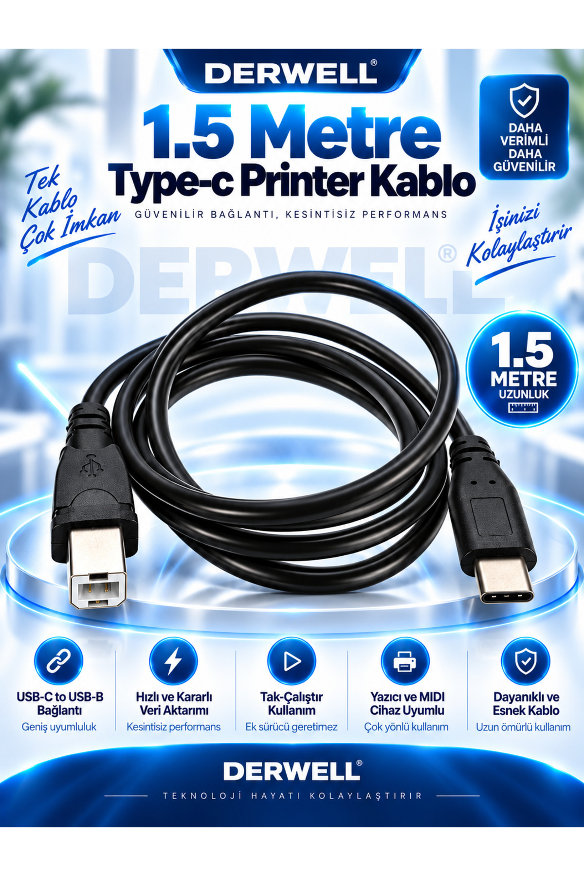 1.5 Metre 1.5mt Type-C Usb Yazıcı Kablosu Yüksek Hızlı Usb Hız Çoklu Cihaz Uyumu Dayanıklı Cabble