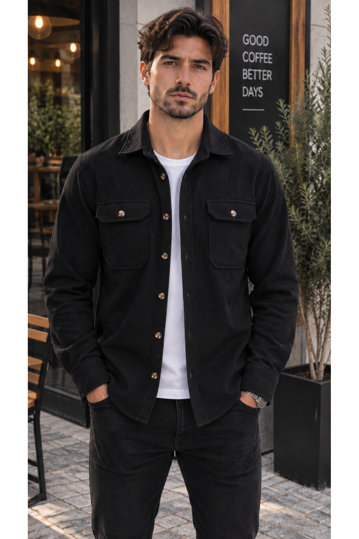 پیراهن مردانه طرح چوب با جیب، پارچه ضخیم - مشکی — مشکی XA512462