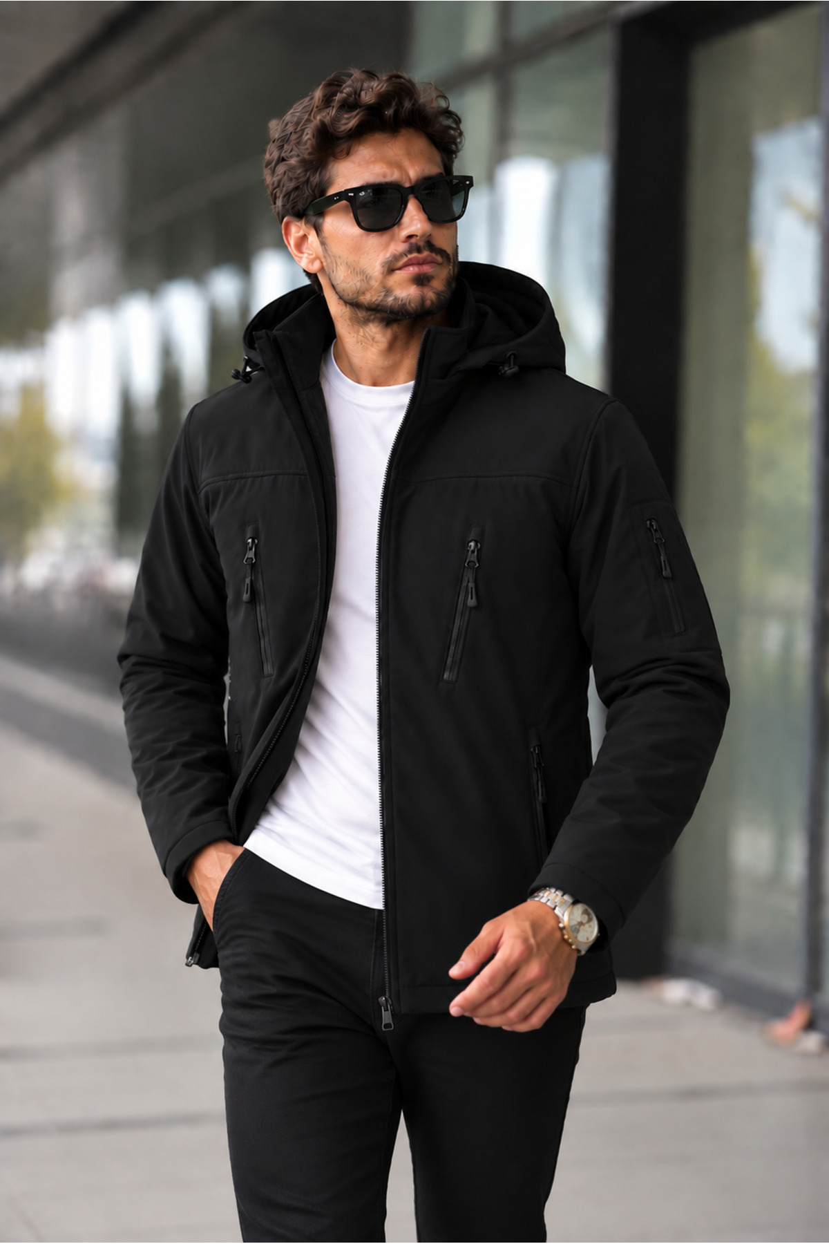 کاپشن نرم و کلاه‌دار مشکی، جداشدنی، ضد باران و باد — مشکی Softshell 2 — تصویر 2 از 7