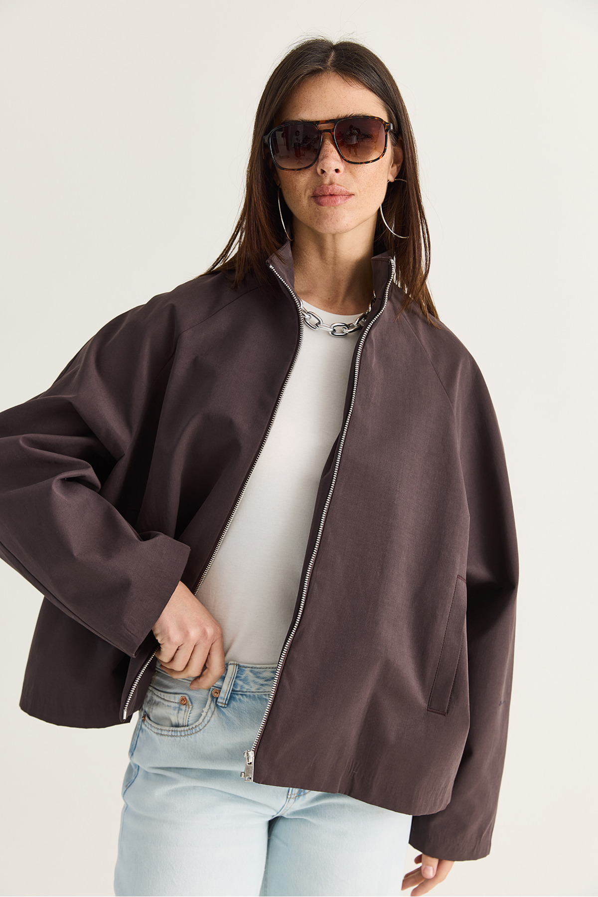 زنانه قهوه ای تلخ یقه ایستاده زیپ آستین راگلان A Cut Short Trench کت 2100 60286511 3