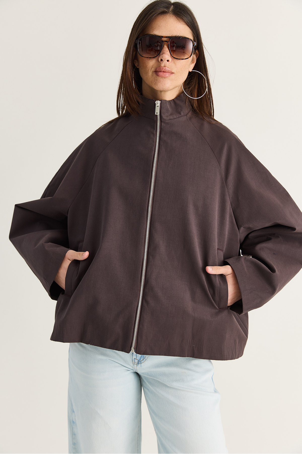 زنانه قهوه ای تلخ یقه ایستاده زیپ آستین راگلان A Cut Short Trench کت 2100 60286511 5