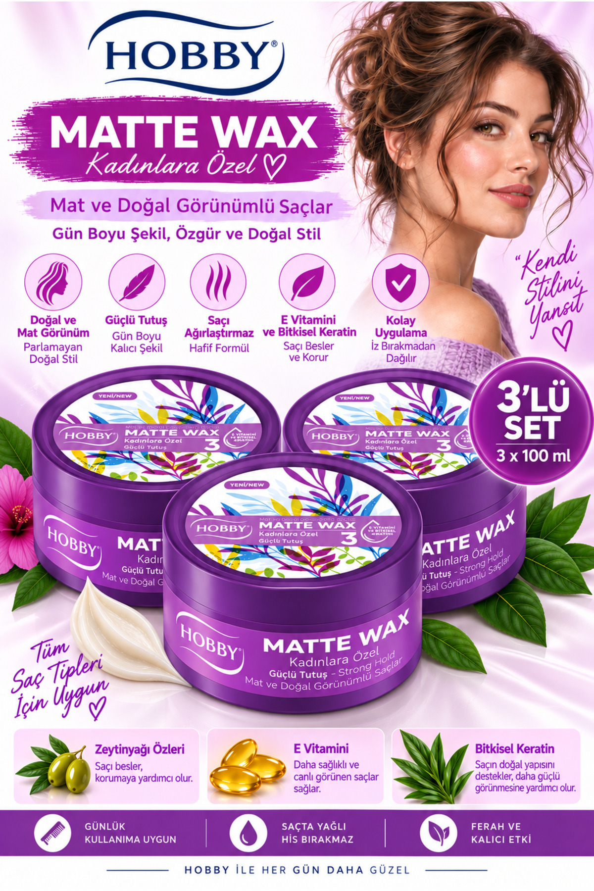 Hobby Wax Matte Kadınlara Özel Güçlü Tutuş Mat ve Doğal Görünümlü Saçlar 100 ml 3 Adet — NCF--MatteVoman3
